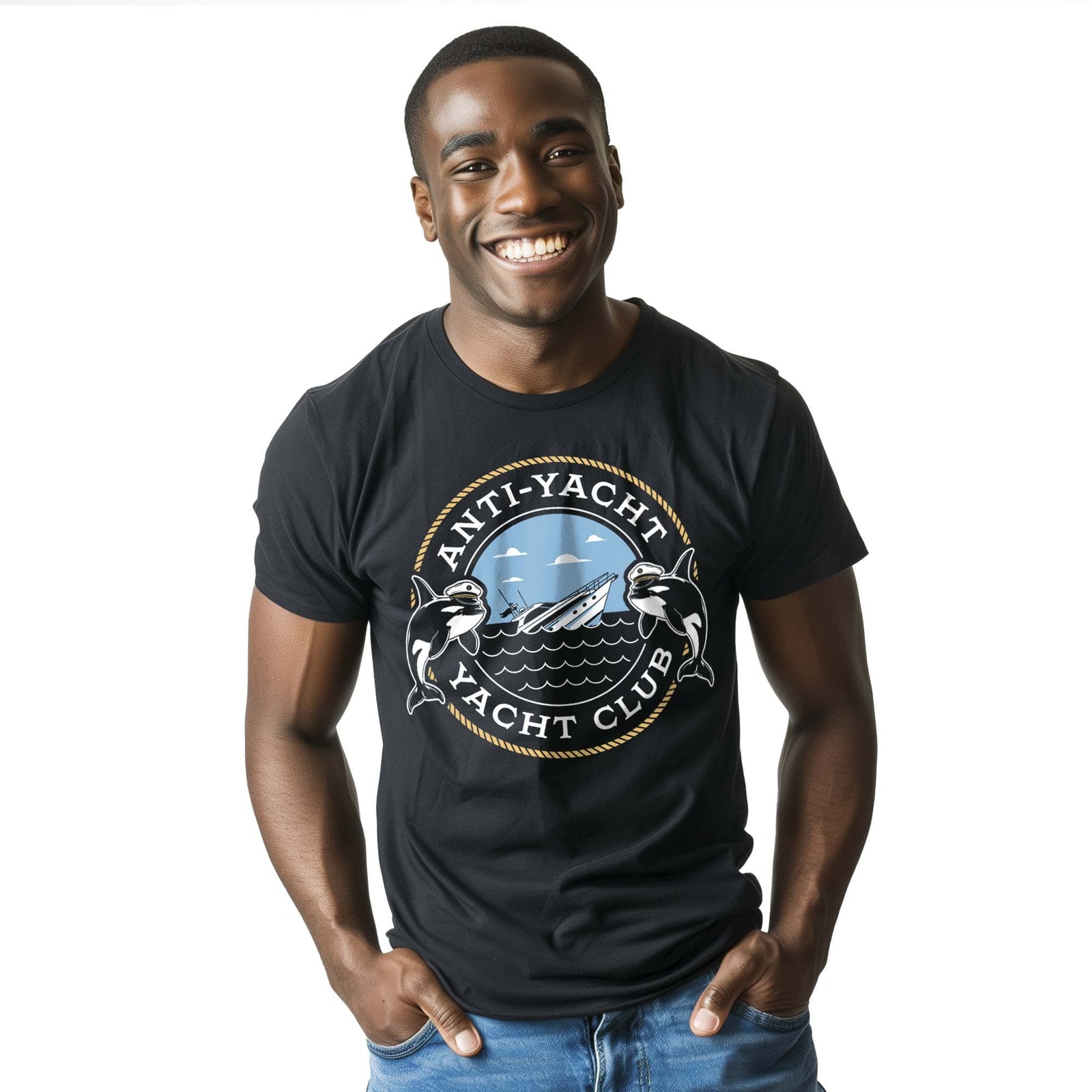 Men's Anti-Yacht Yacht Club Designer Graphic T-Shirt | Cool Orca Whale Tee On Model | Solid Threads