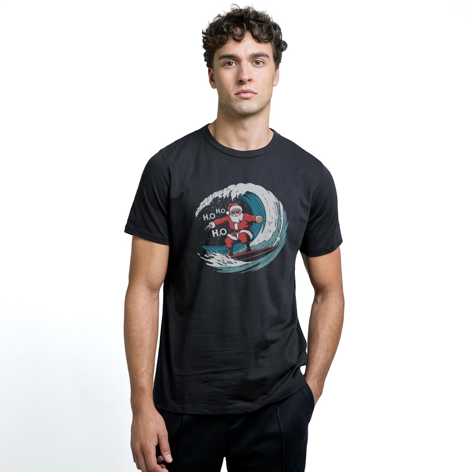 Surfing Santa Vintage Staple T-shirt in Black On Model - Front View
