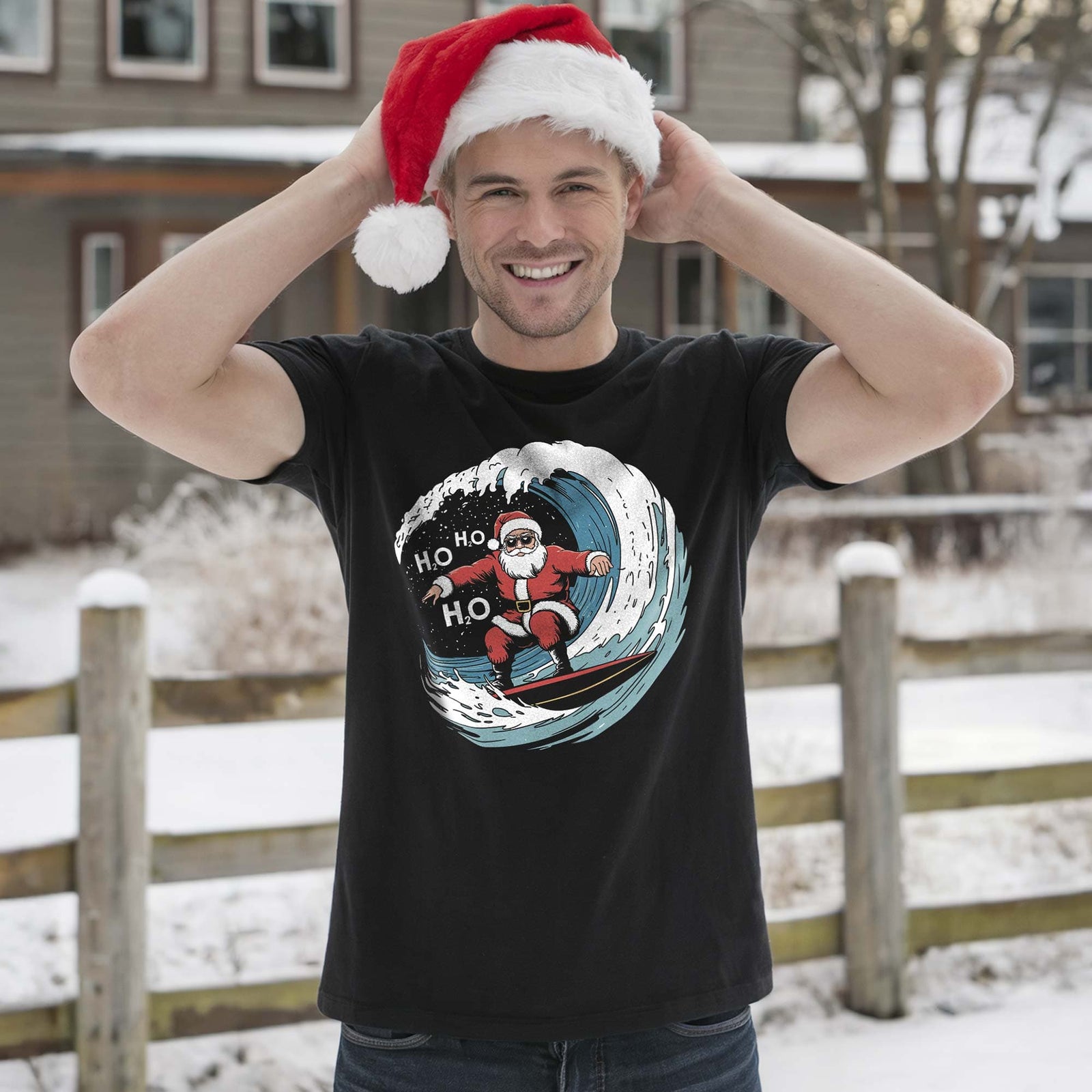 Men's Surfing Santa Vintage Graphic T-Shirt | Cool Vintage Holiday Tee on Model | Solid Threads