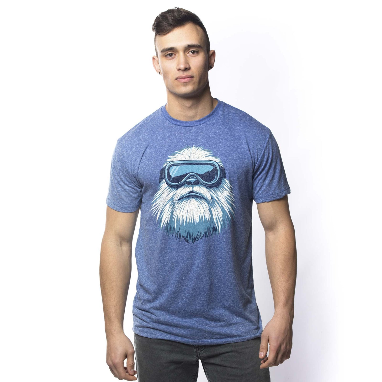 Men's Yeti Skier Funny Graphic T Shirt | Cool Abominable Snowman Goggles Tee On Model | Solid Threads