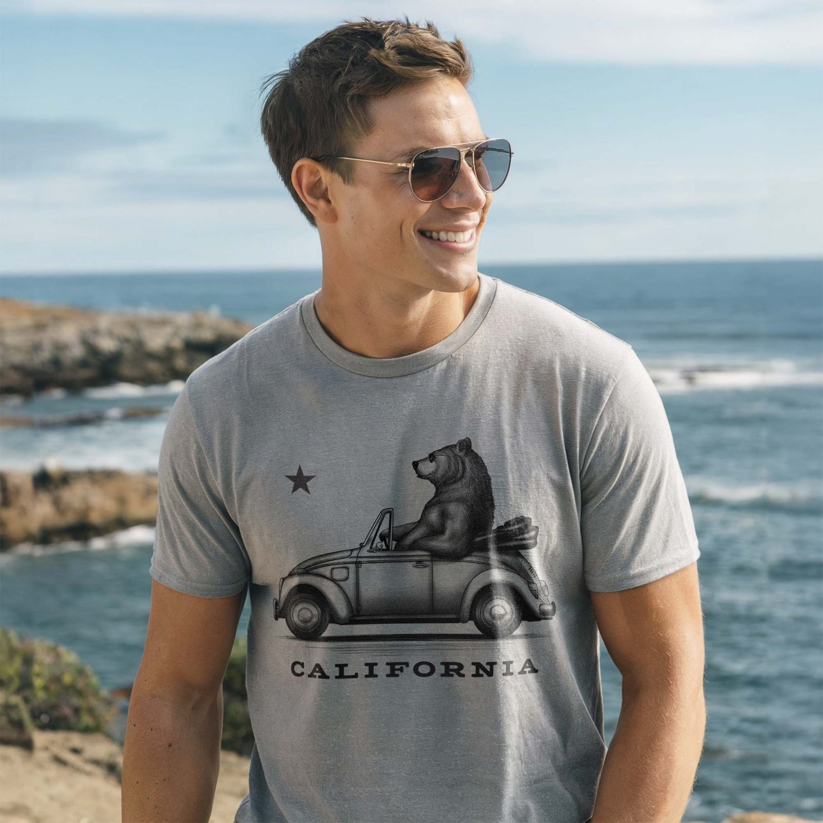Men's California Cruisin Vintage Graphic T-Shirt | Cool Bear Driving VW Tee On Model | Solid Threads
