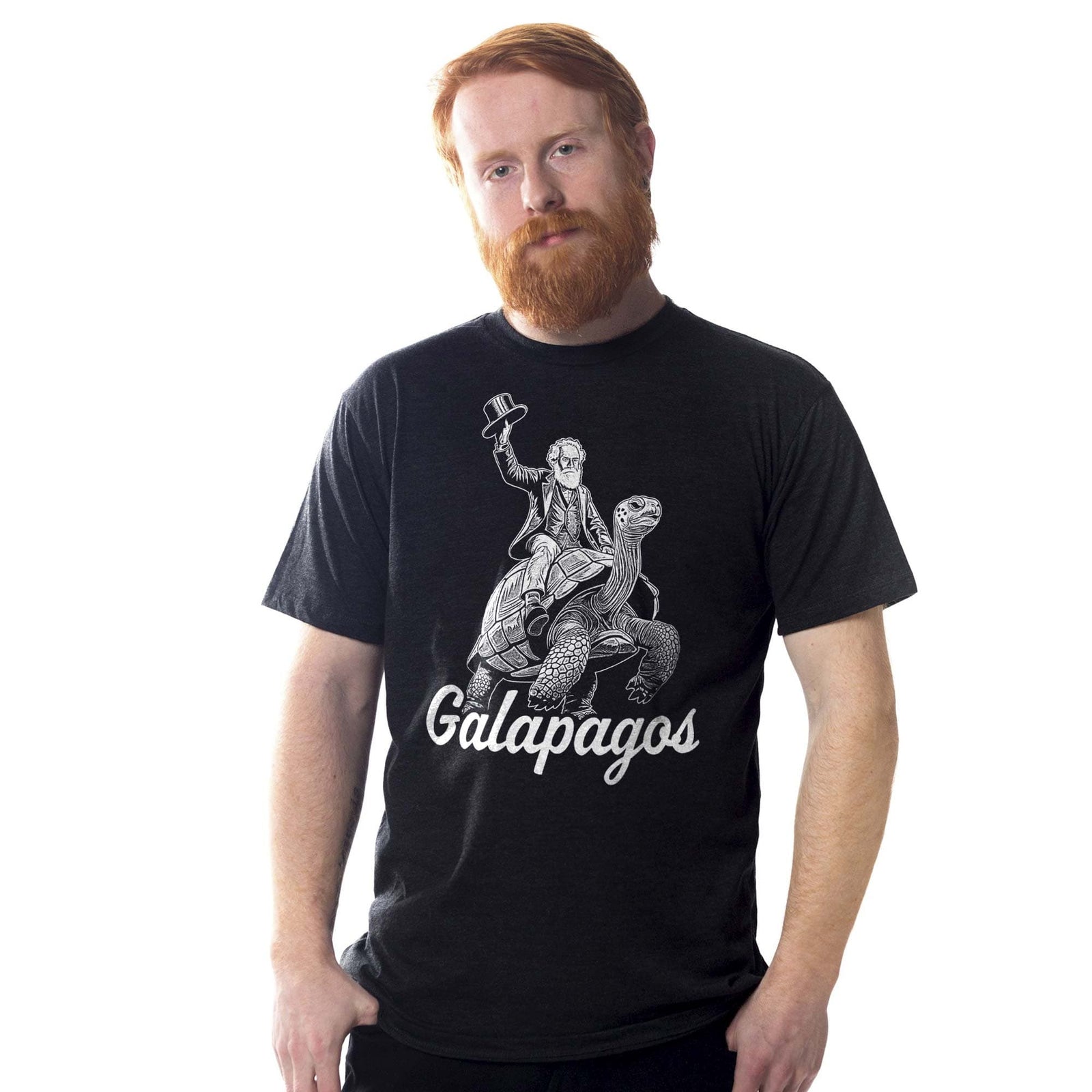 Men's Galapagos Funny Graphic T-Shirt | Vintage Charles Darwin Tortoise Tee On Model | Solid Threads