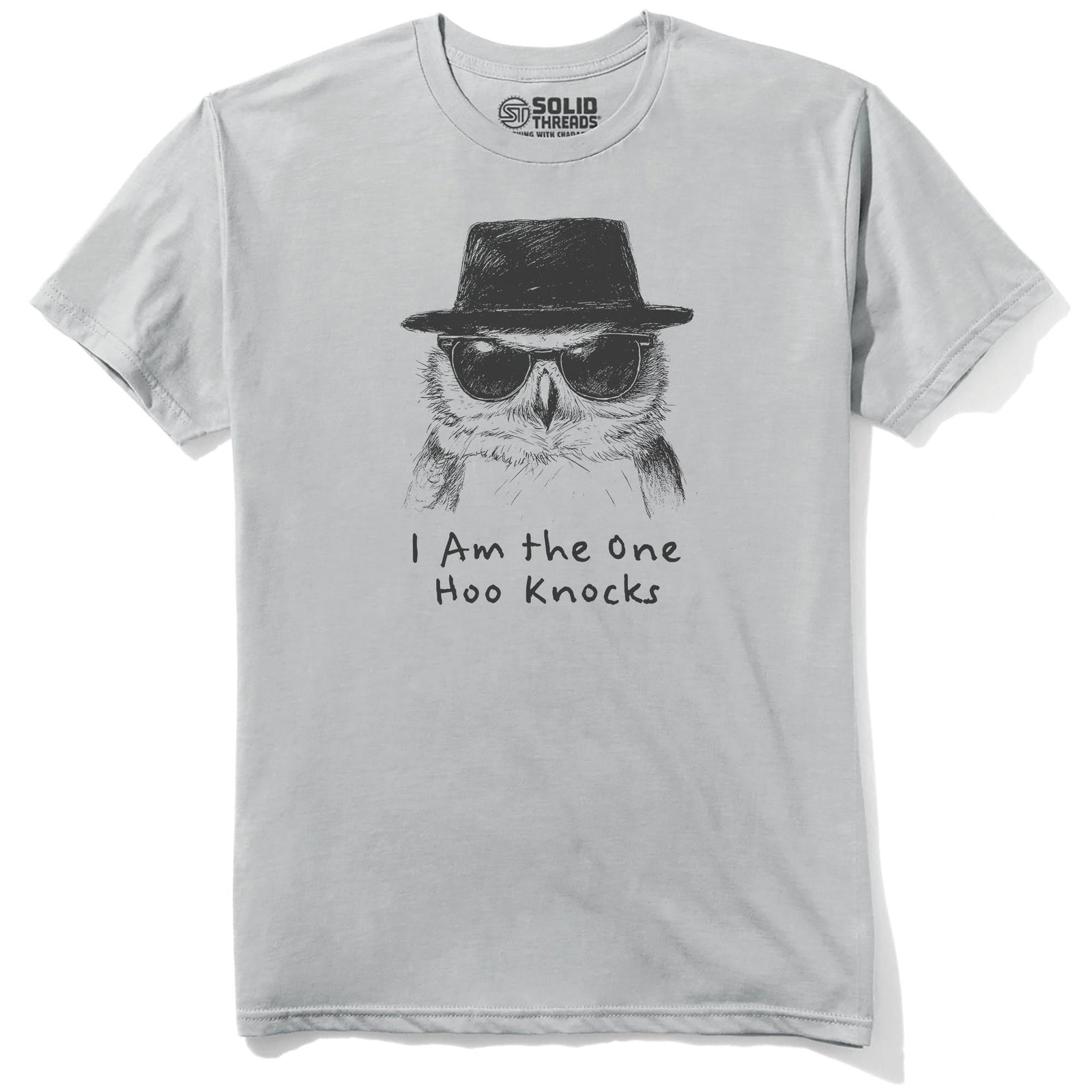 The One Hoo Knocks Funny Staple T-shirt in Silver - Front View