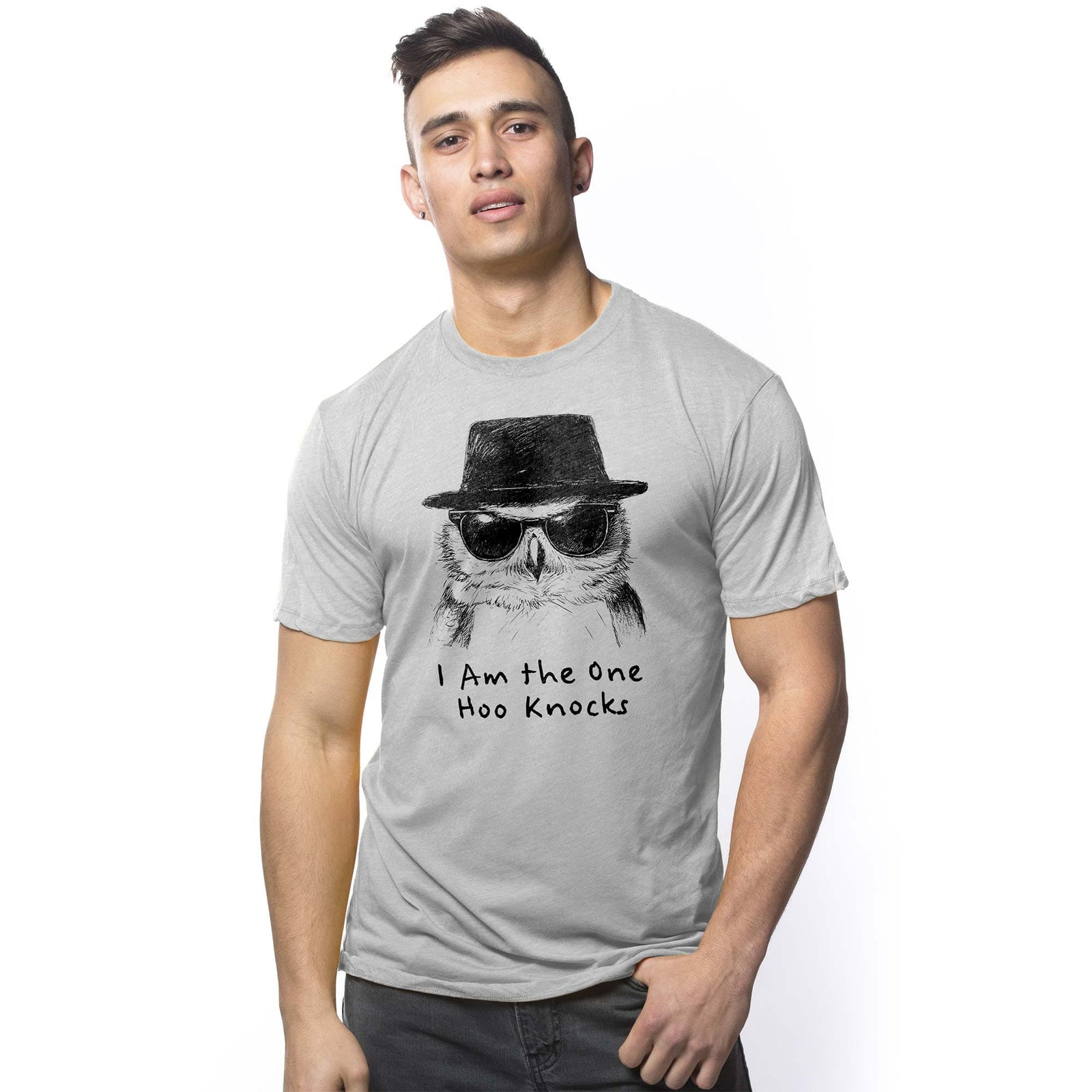 Men's The One Hoo Knocks Funny Graphic T-Shirt | Cool Breaking Bad Owl Tee On Model | Solid Threads