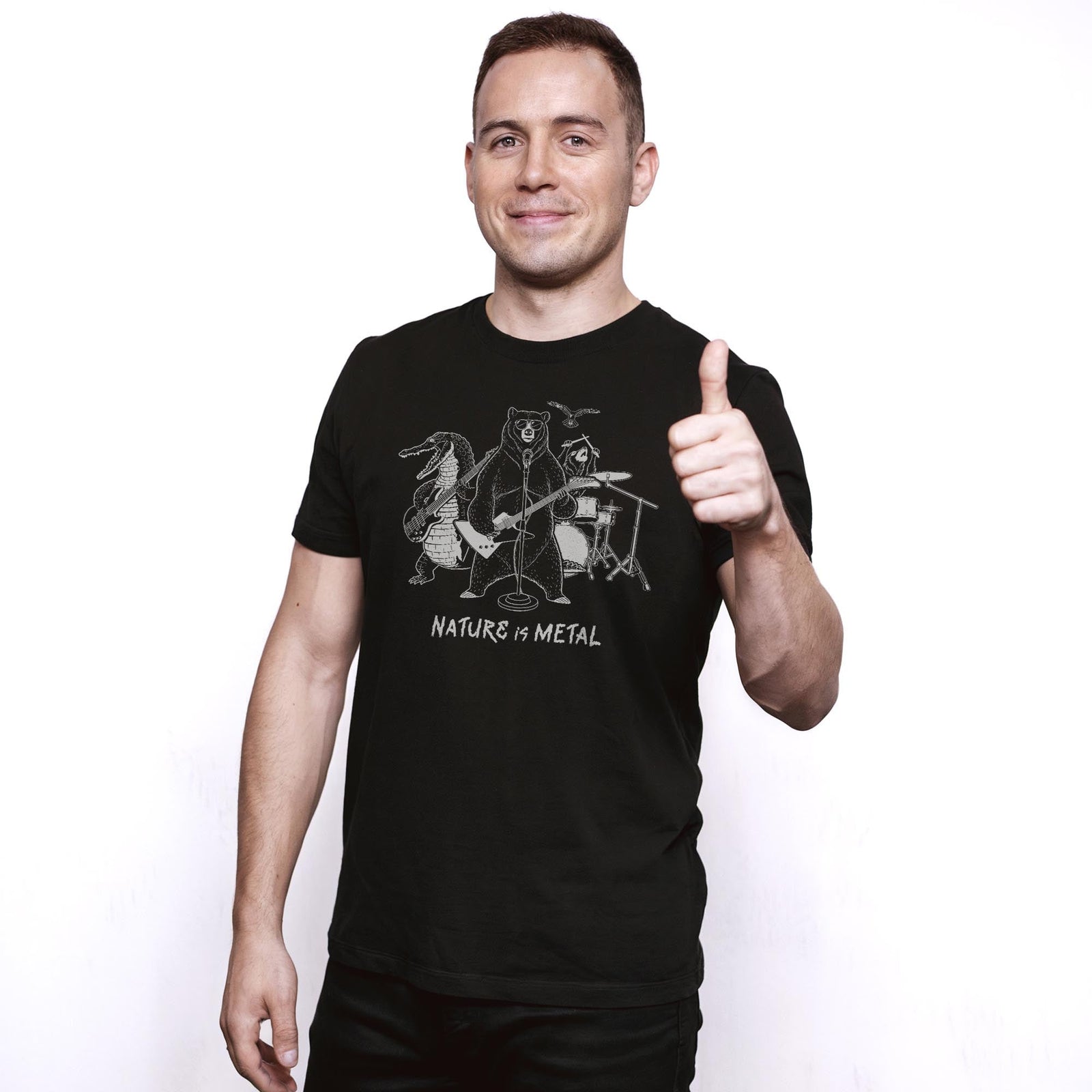 Nature Is Metal Cool Staple T-shirt in Black On Model - Front View