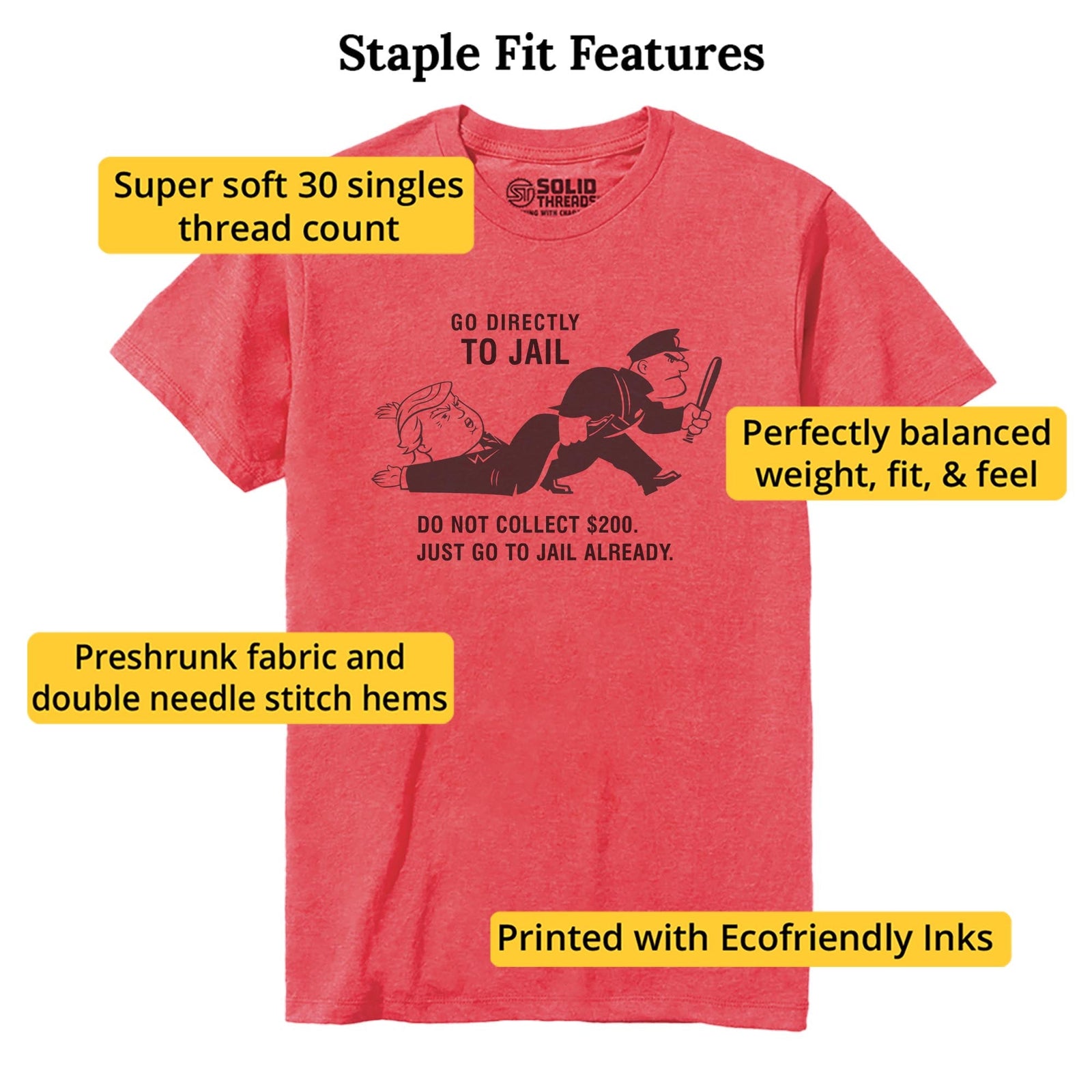 Go Directly To Jail Funny Staple T-shirt in Red Heather - Fit Attributes