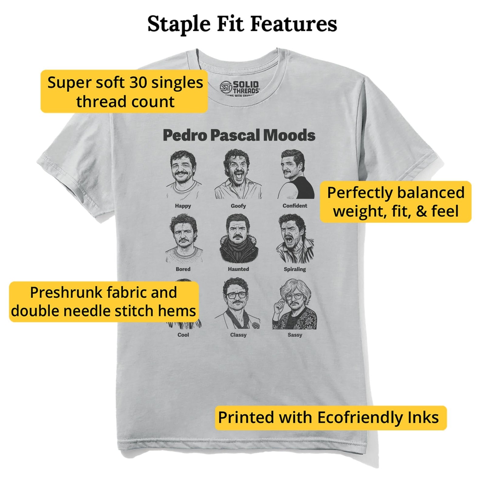 Pedro Pascal Moods Cool Staple T-shirt in Silver - Fit Attributes