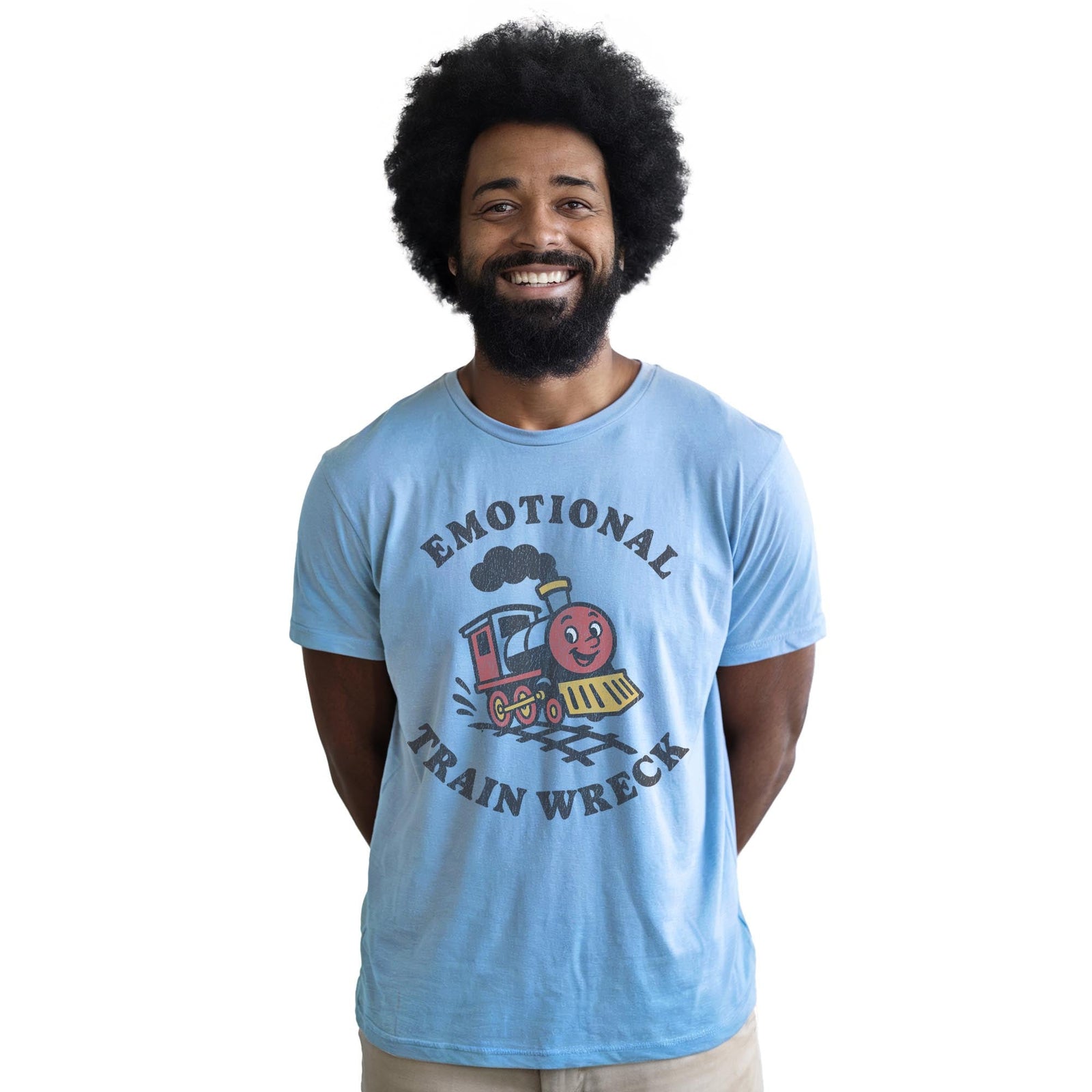 Emotional Trainwreck Vintage Staple T-shirt in Light Blue Heather On Model - Front View