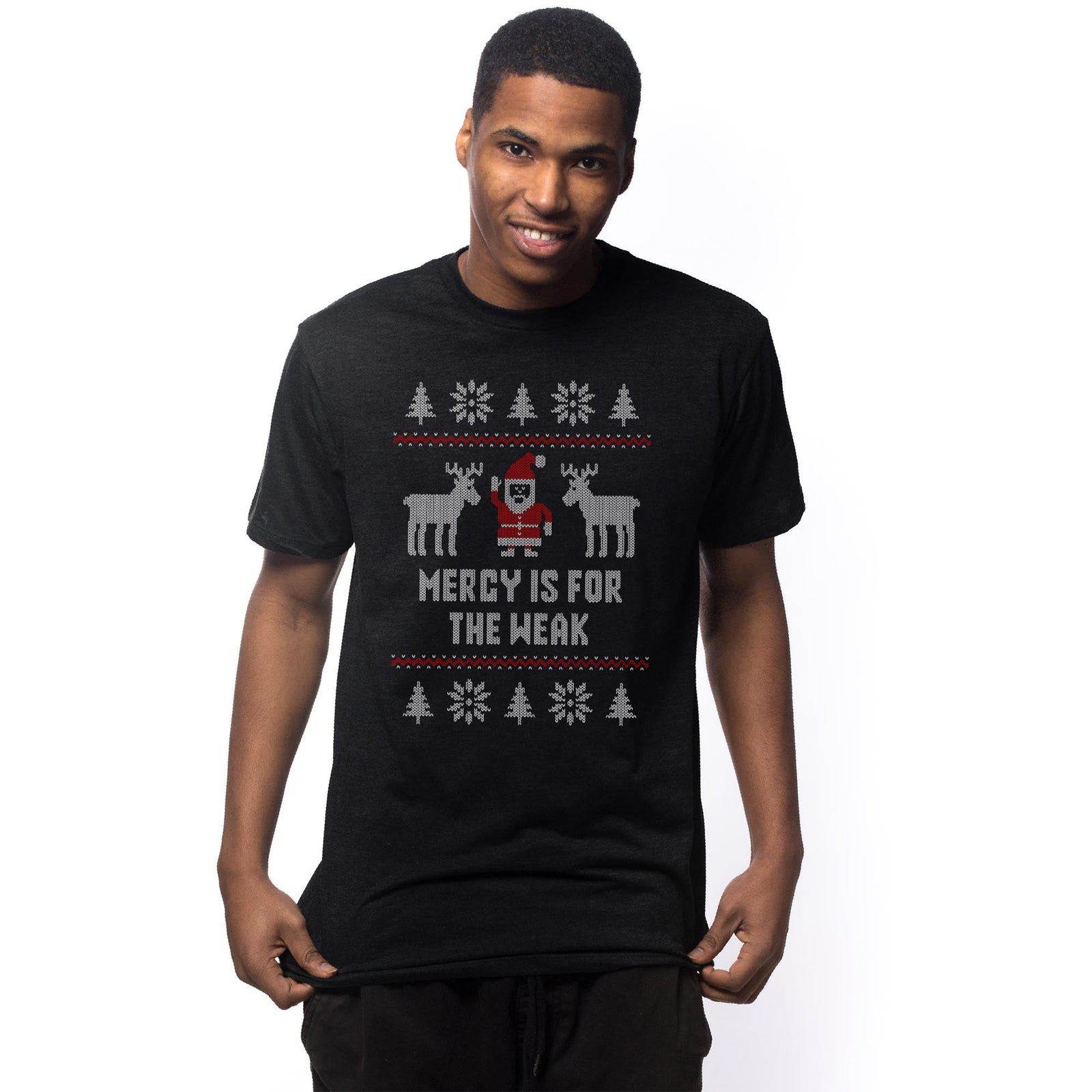Mercy Is For The Weak Funny Signature T-shirt in Black On Model - Front View