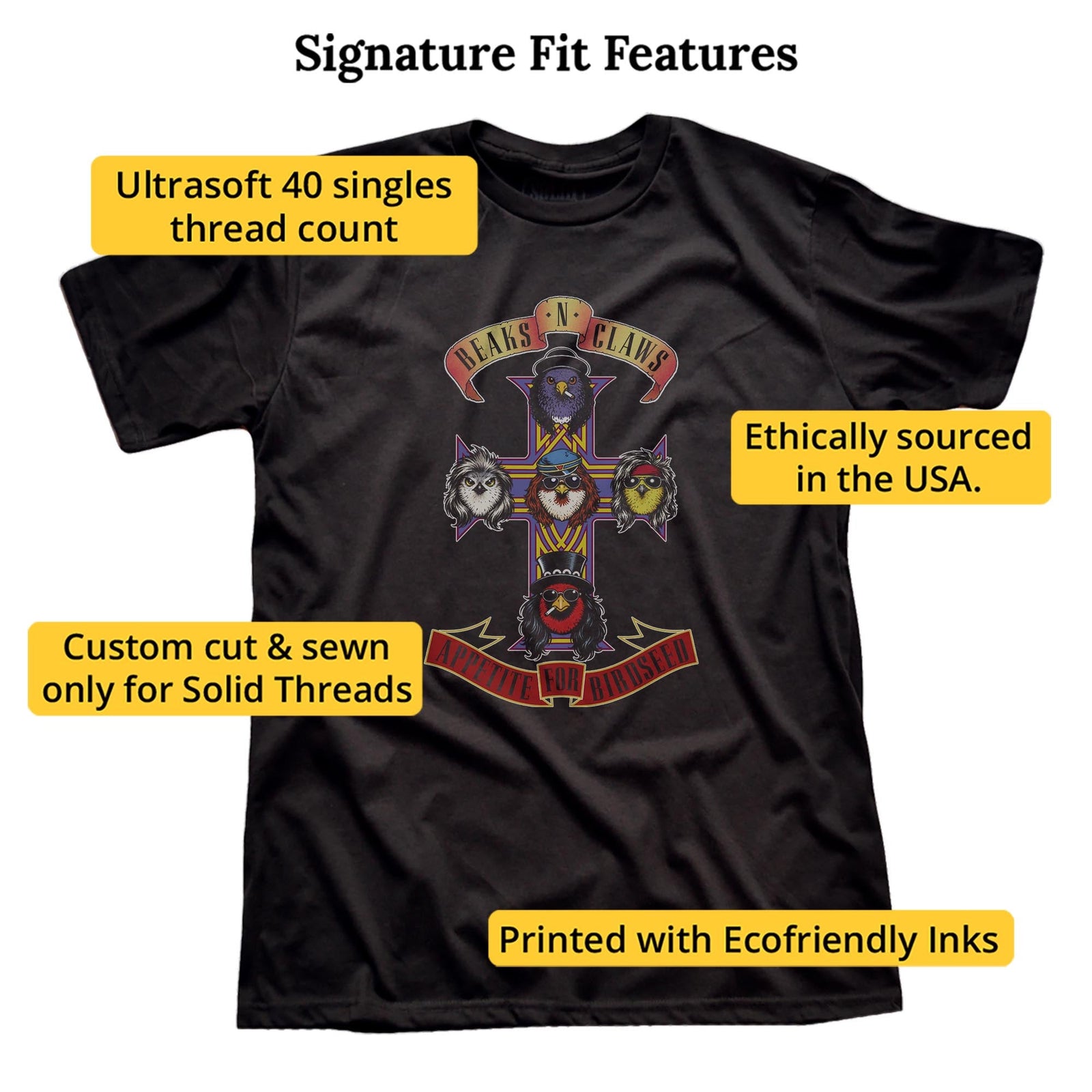 Appetite For Birdseed Funny Signature T-shirt in Black - Fit Attributes