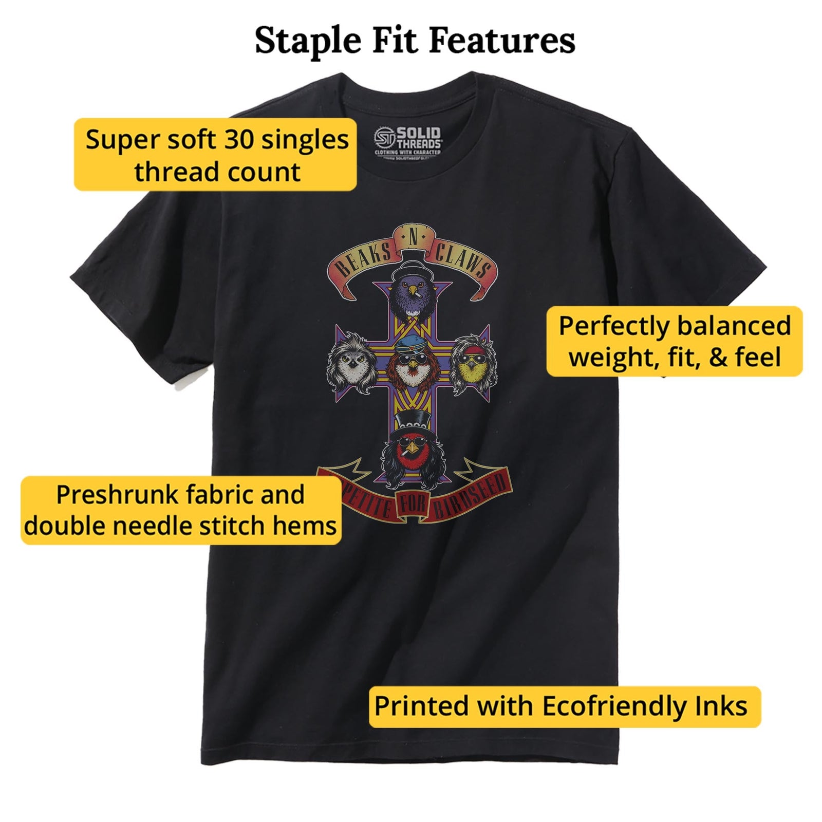 Appetite For Birdseed Funny Staple T-shirt in Black - Fit Attributes