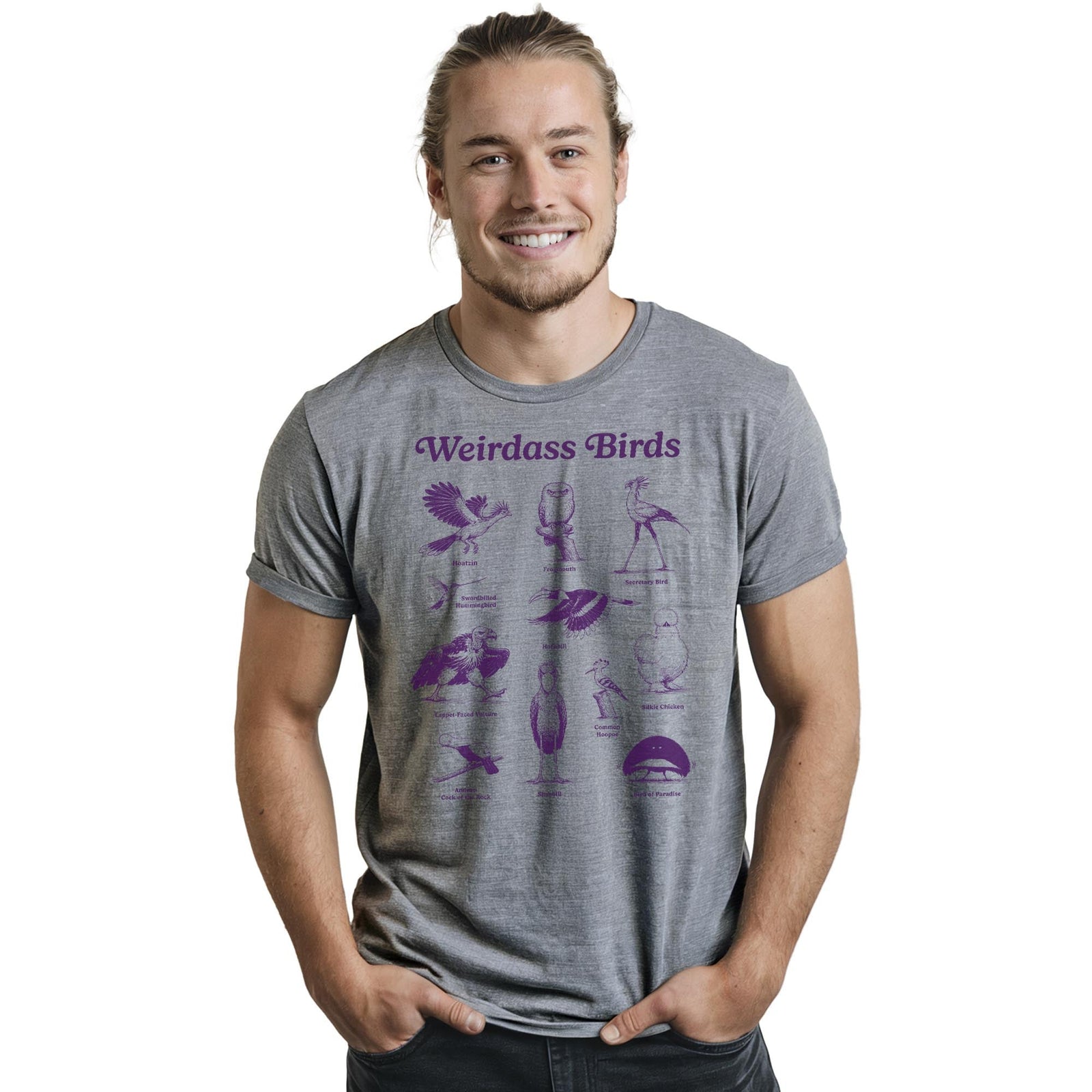 Weirdass Birds Funny Staple T-shirt in Ash Heather On Model - Front View