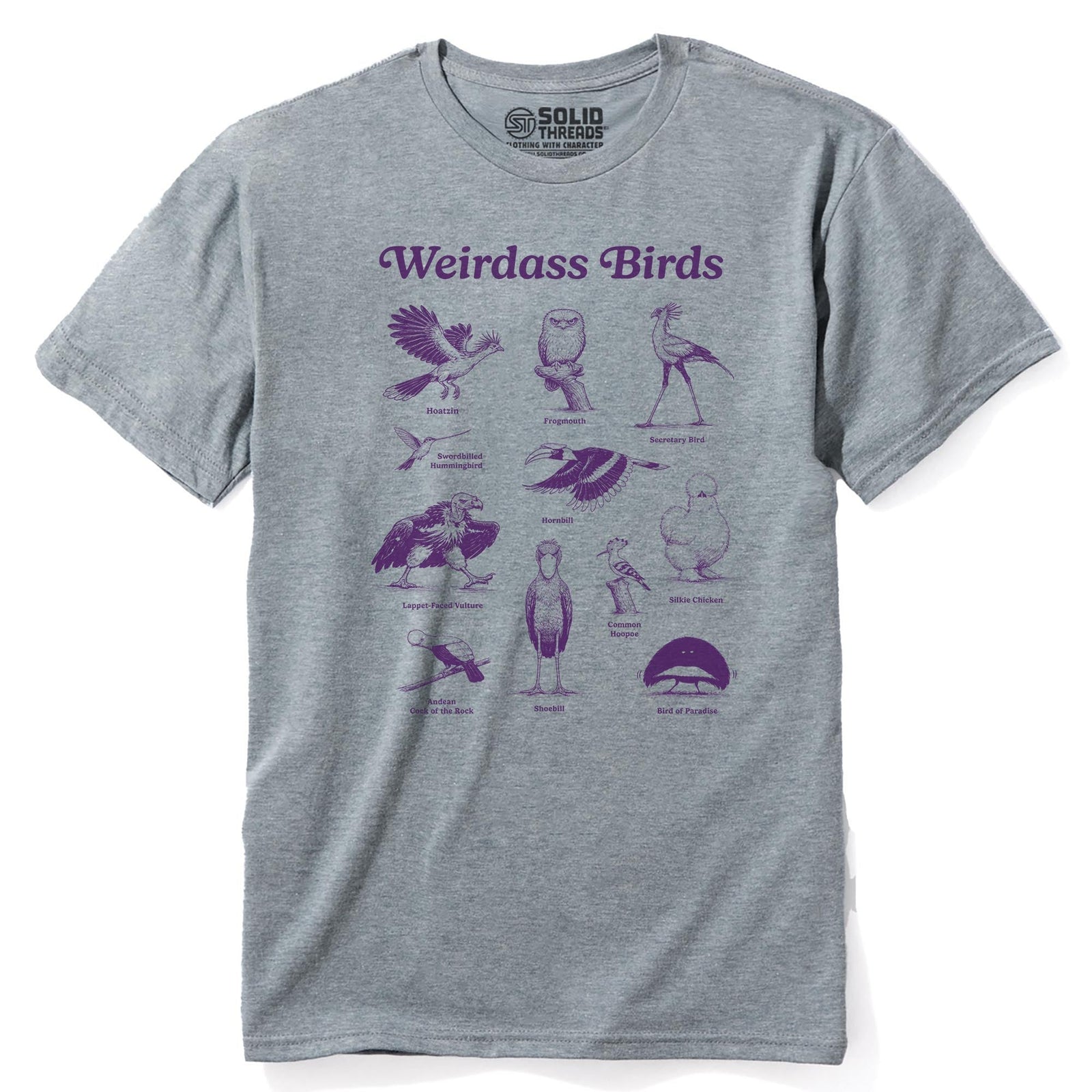 Weirdass Birds Funny Staple T-shirt in Ash Heather - Front View