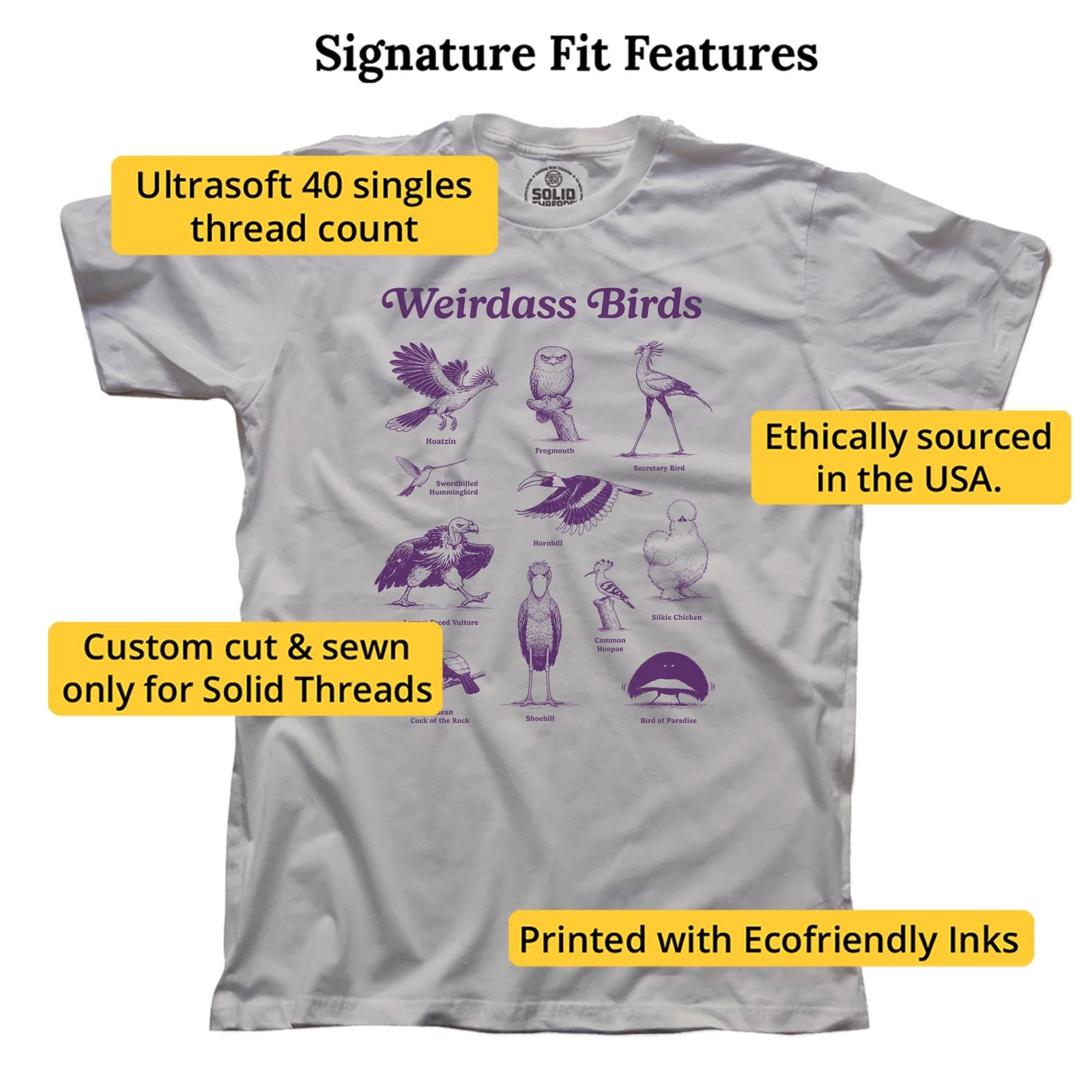 Weirdass Birds Funny Signature T-shirt in Silver - Fit Attributes
