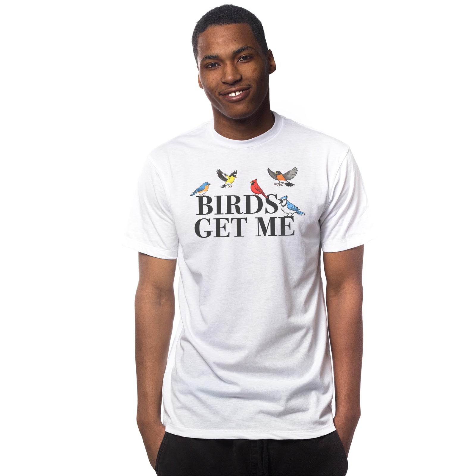 Birds Get Me Vintage Signature T-shirt in White On Model - Front View