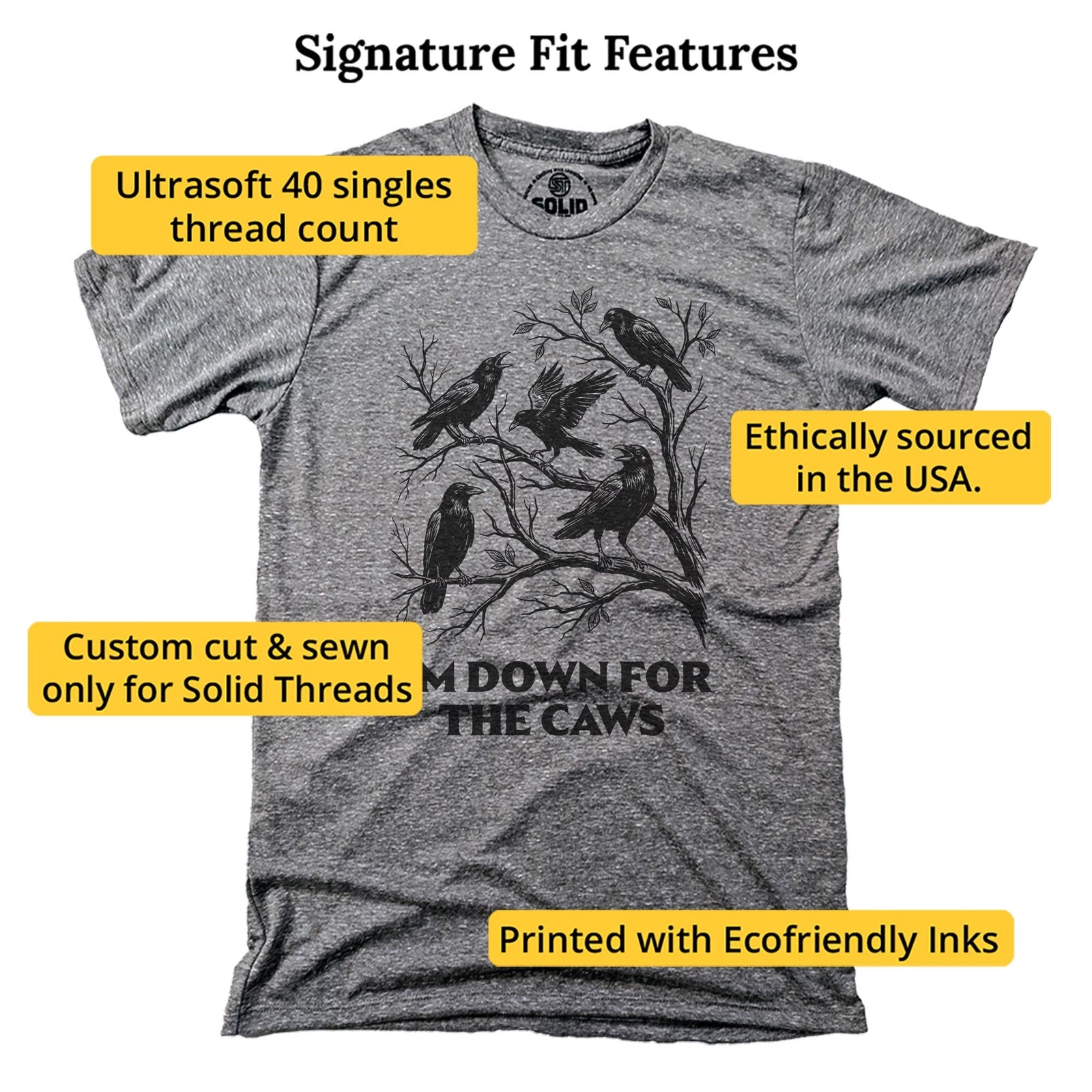 Down for the Caws Funny Signature T-shirt in Triblend Grey - Fit Attributes