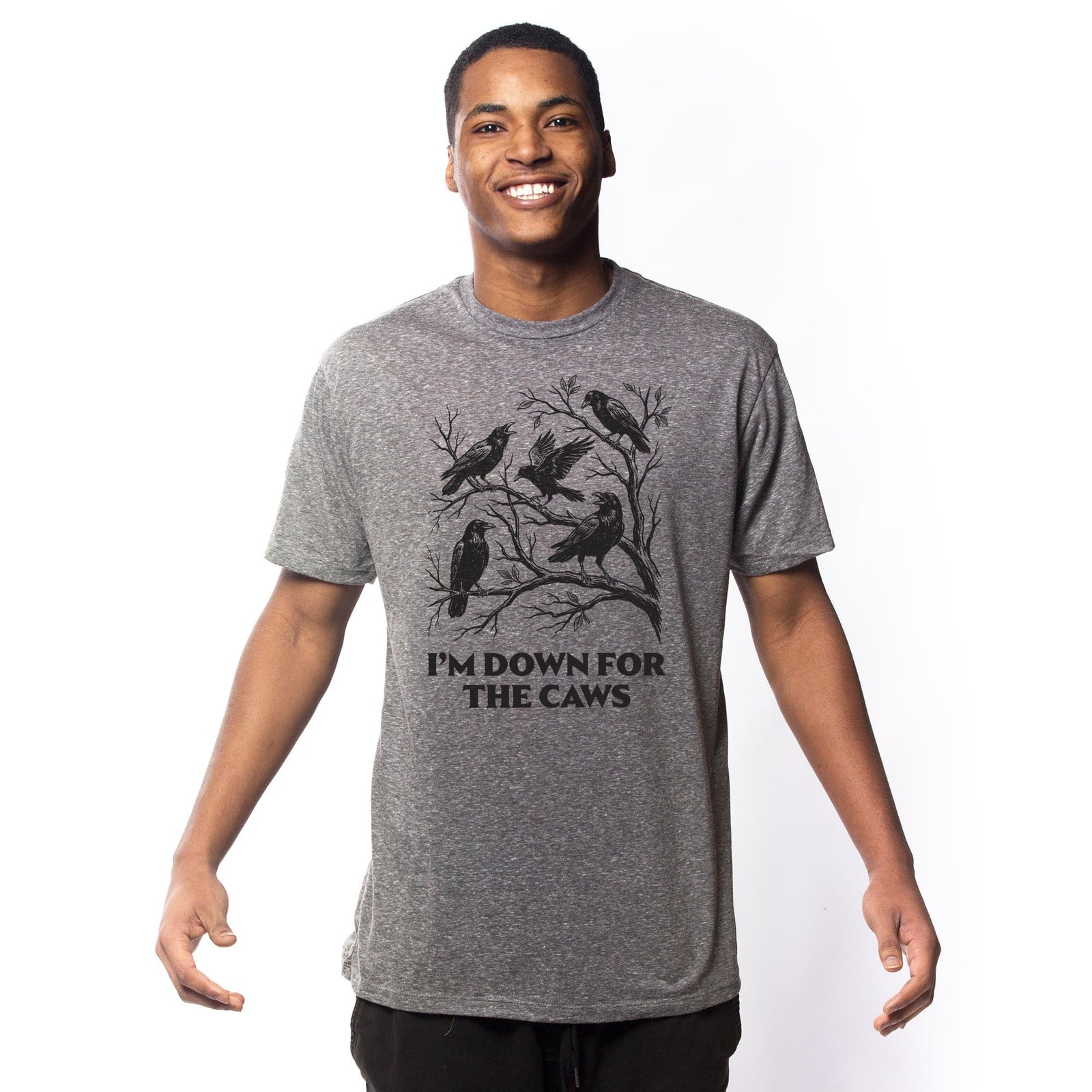 Down for the Caws Funny Signature T-shirt in Triblend Grey On Model - Front View