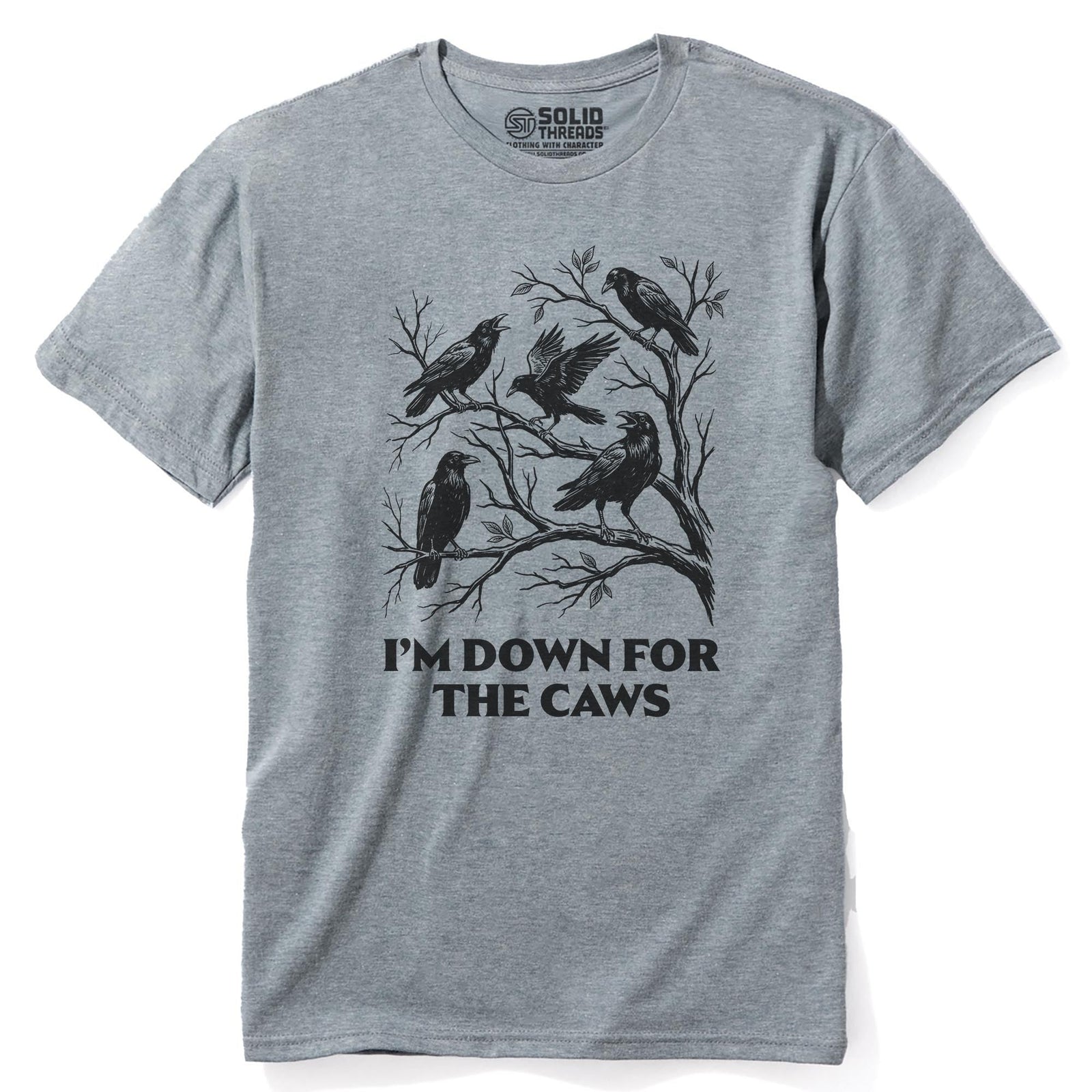 Down for the Caws Funny Staple T-shirt in Ash Heather - Front View