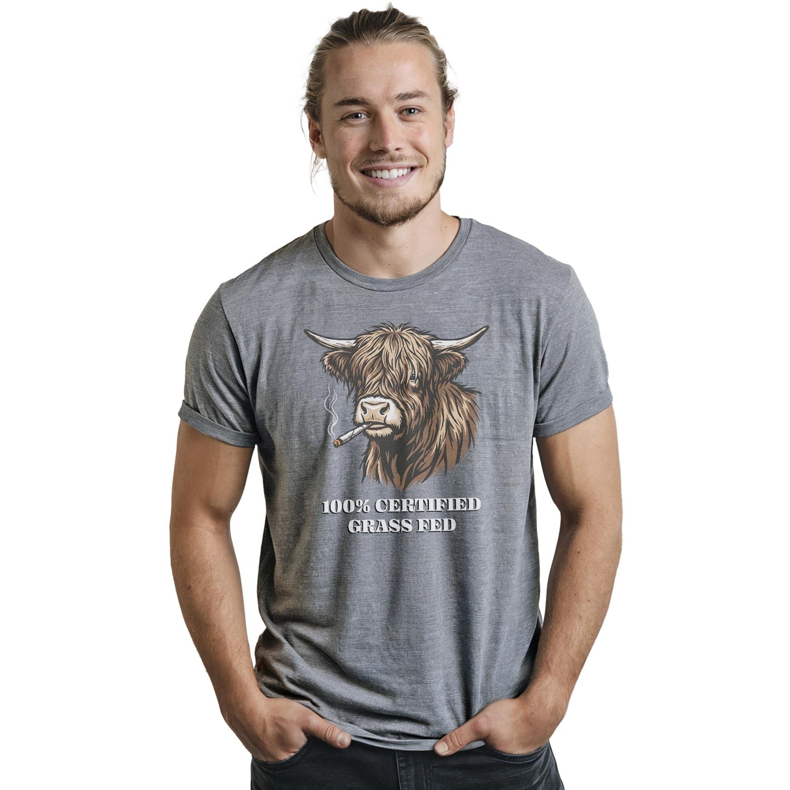 Certified Grass Fed Funny Staple T-shirt in Ash Heather On Model - Front View