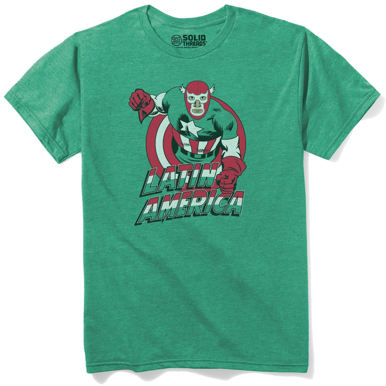 Latin America Funny Staple T-shirt in Kelly Heather - Front View