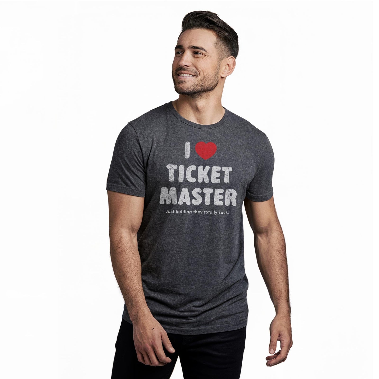 I Heart Ticketmaster (jk) Vintage Staple T-shirt in Charcoal Heather On Model - Front View