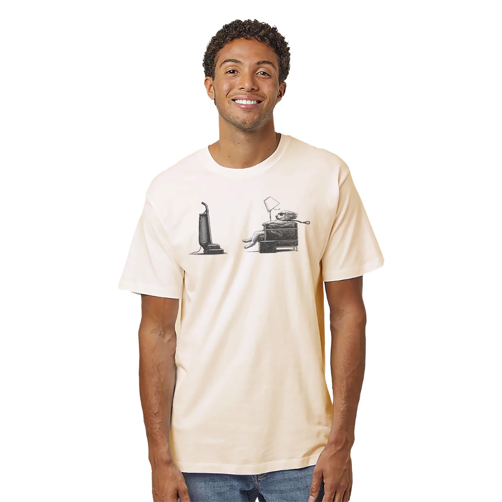 Blown Away Funny Organic T-shirt in Ivory On Model - Front View