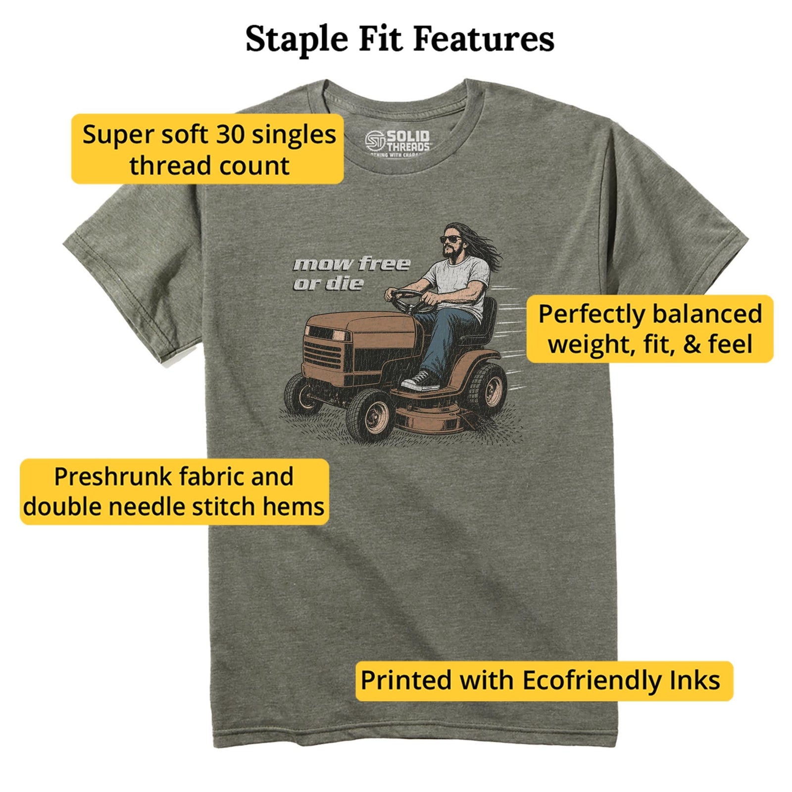 Mow Free Or Die Funny Staple T-shirt in Olive Heather - Fit Attributes