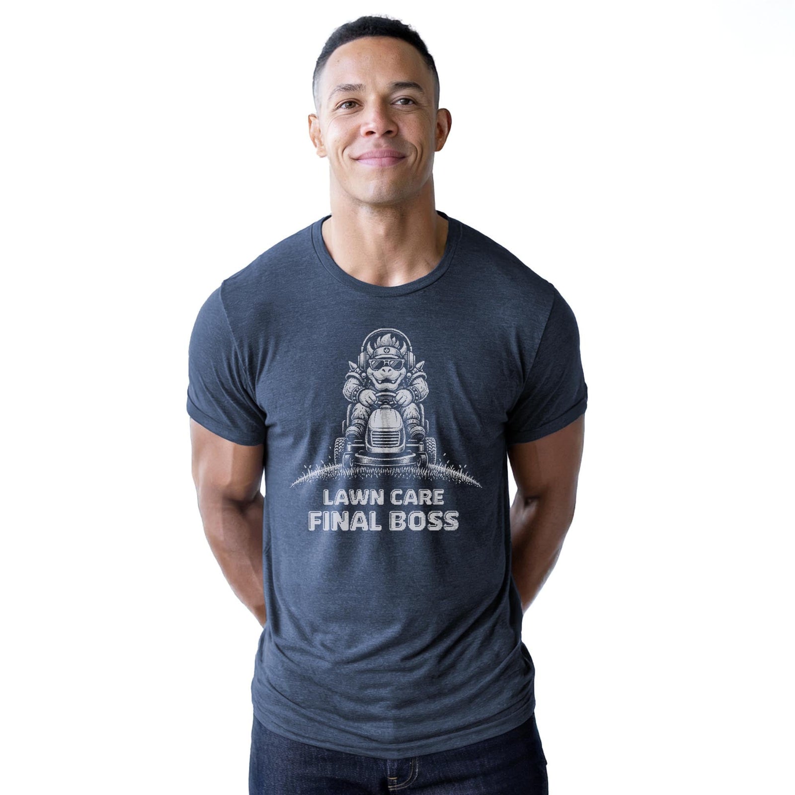 Lawn Care Final Boss Funny Staple T-shirt in Navy Heather On Model - Front View