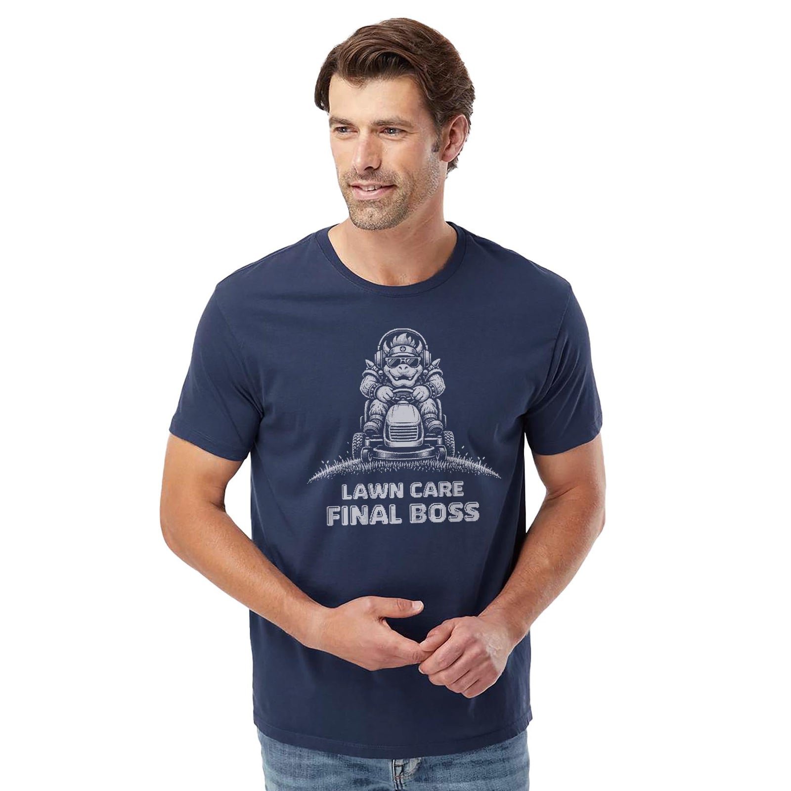 Lawn Care Final Boss Funny Organic T-shirt in Navy On Model - Front View