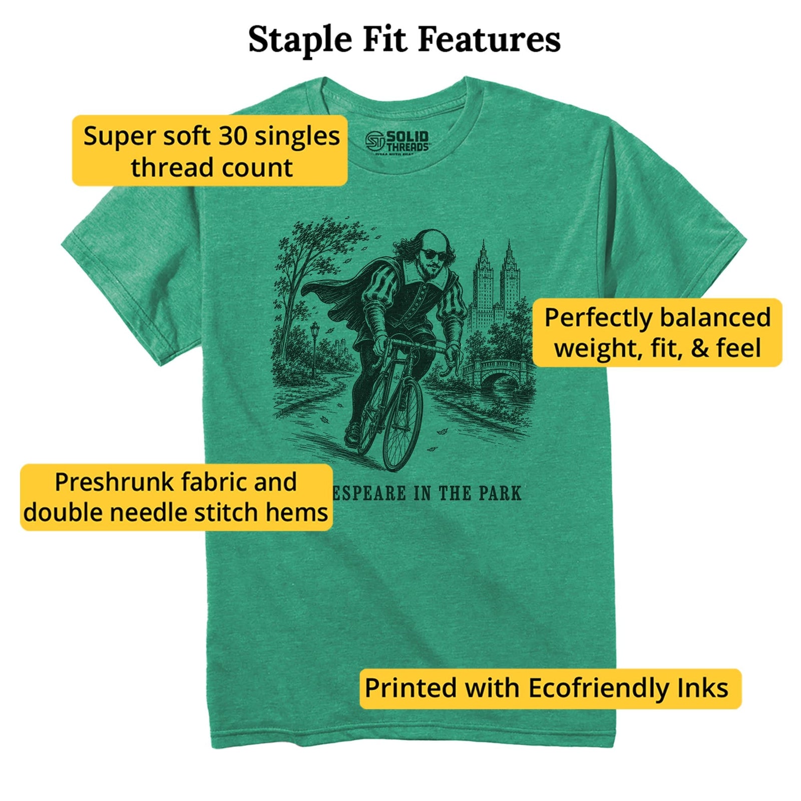 Shakespeare In The Park Funny Staple T-shirt in Kelly Heather - Fit Attributes