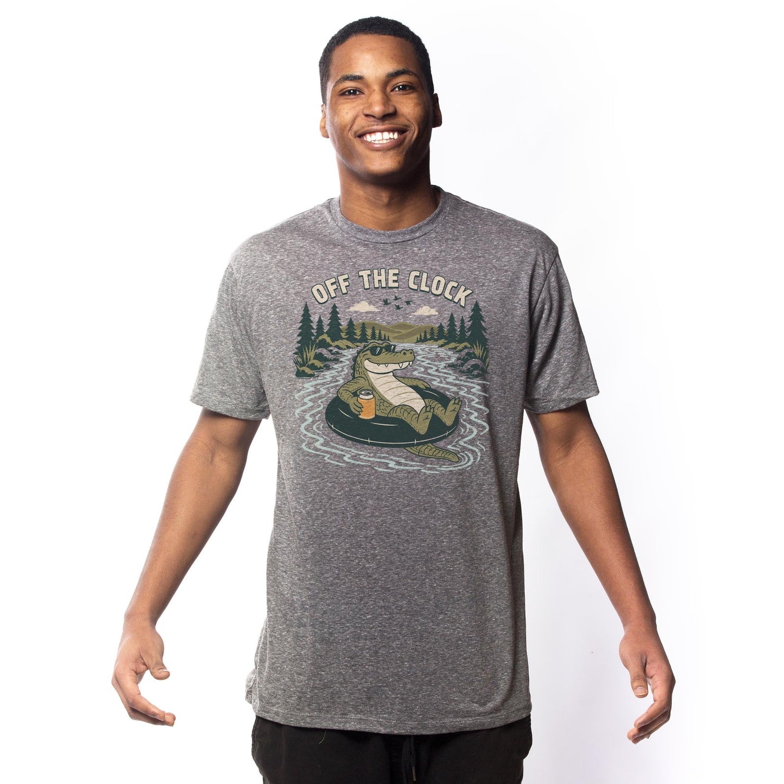 Off The Clock Funny Signature T-shirt in Triblend Grey On Model - Front View