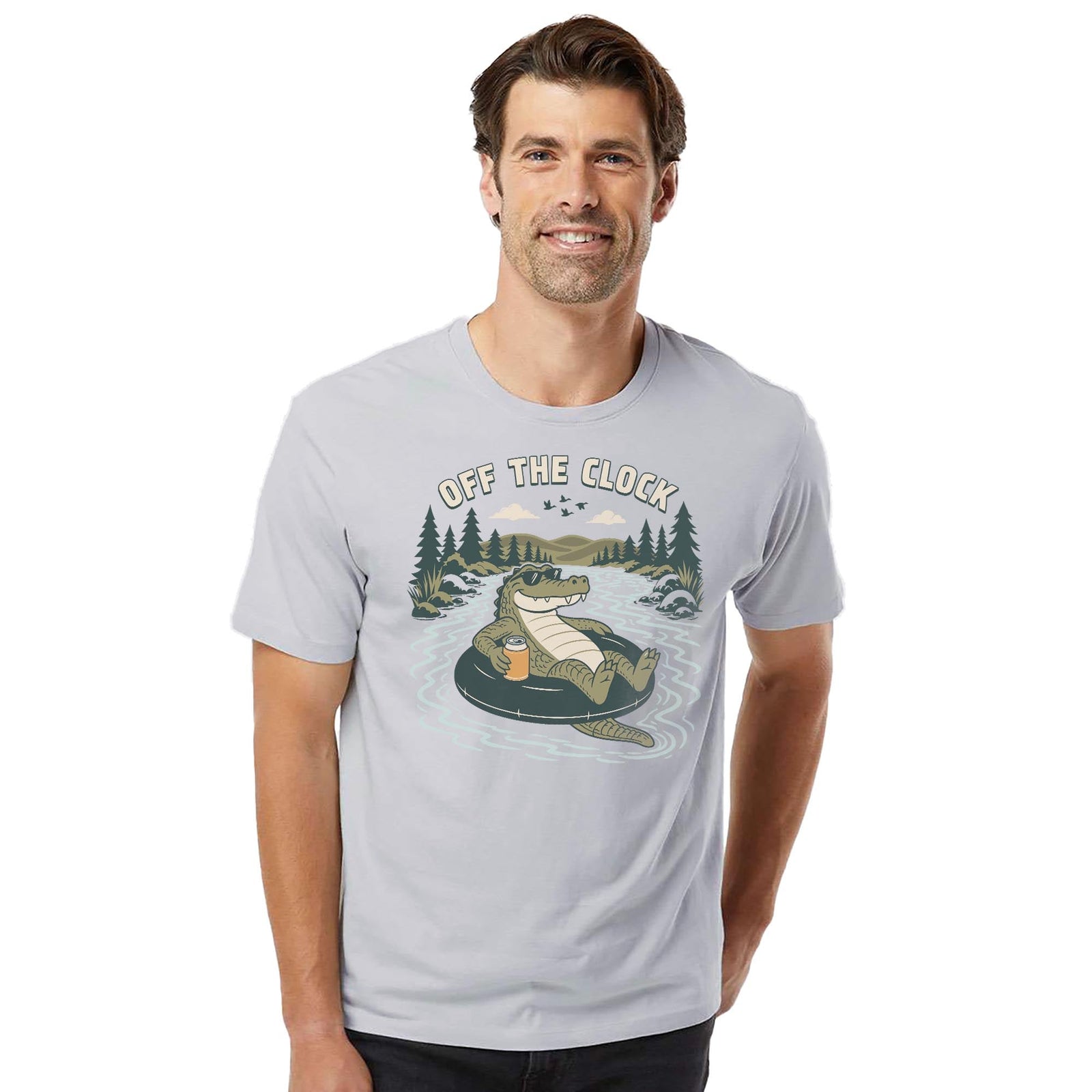 Off The Clock Funny Organic T-shirt in Silver On Model - Front View