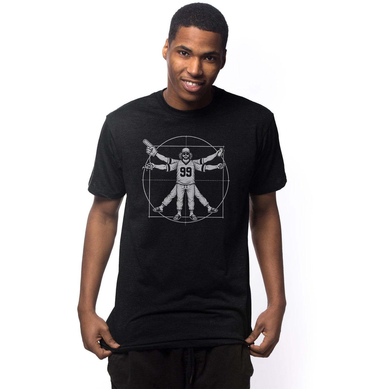 Vitruvian Fan Funny Signature T-shirt in Black On Model - Front View
