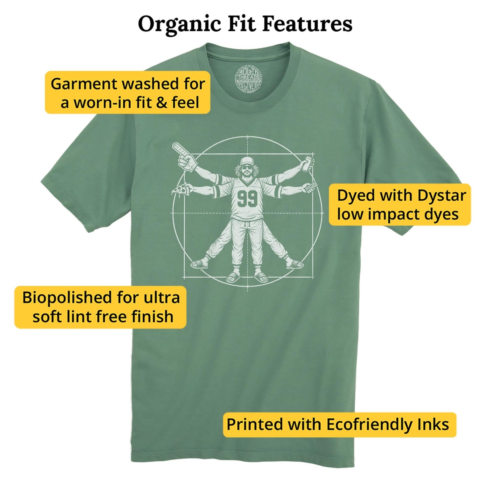 Vitruvian Fan Funny Organic T-shirt in Pine - Fit Attributes
