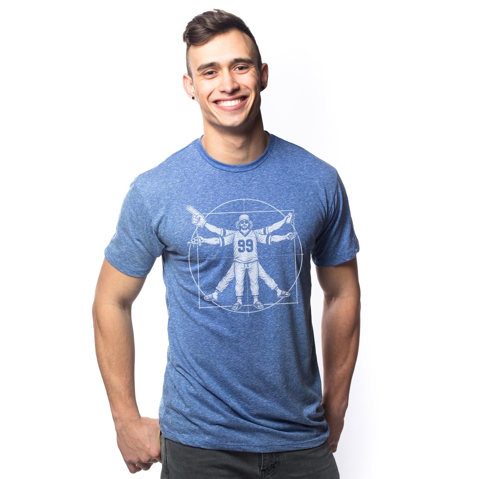 Vitruvian Fan Funny Signature T-shirt in Triblend Royal On Model - Front View