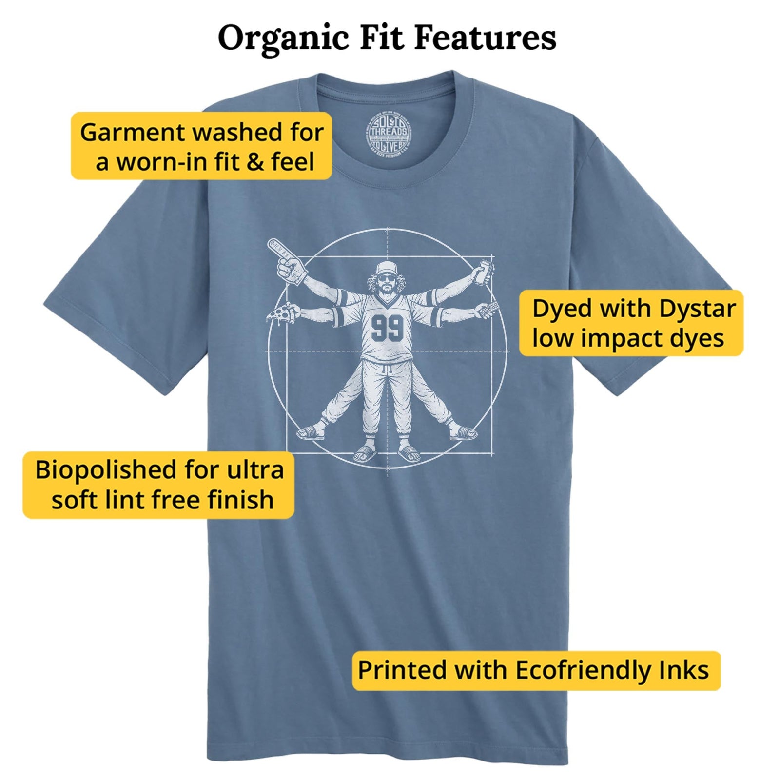Vitruvian Fan Funny Organic T-shirt in Slate - Fit Attributes