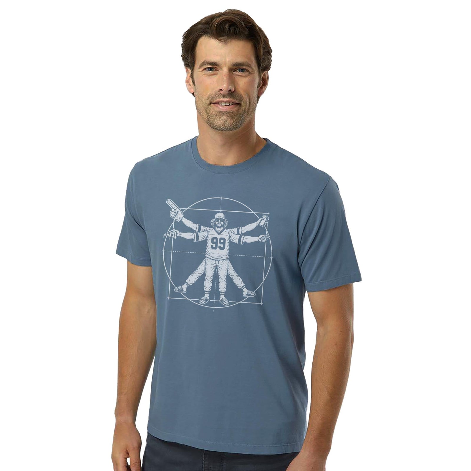 Vitruvian Fan Funny Organic T-shirt in Slate On Model - Front View