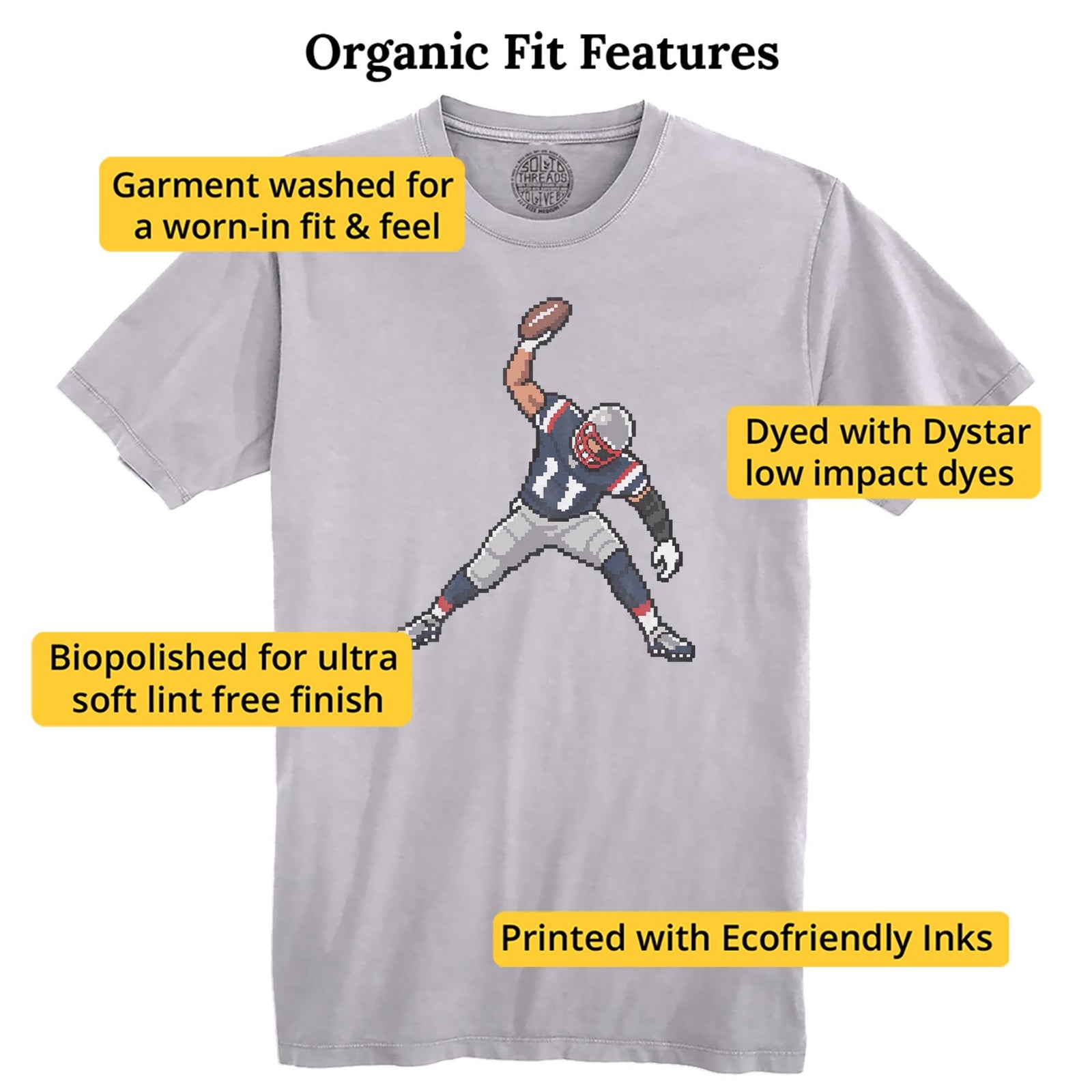 New England 16-bit Football Cool Organic T-shirt in Silver - Fit Attributes