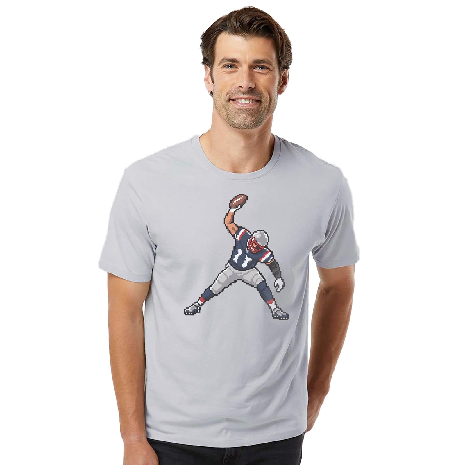New England 16-bit Football Cool Organic T-shirt in Silver On Model - Front View