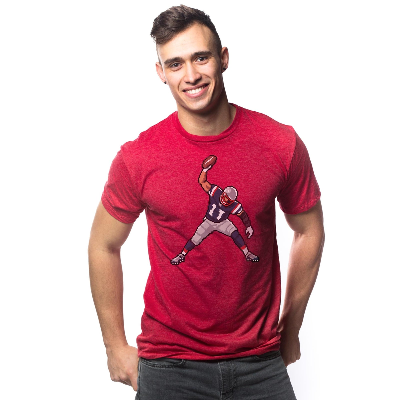 New England 16-bit Football Cool Signature T-shirt in Red On Model - Front View