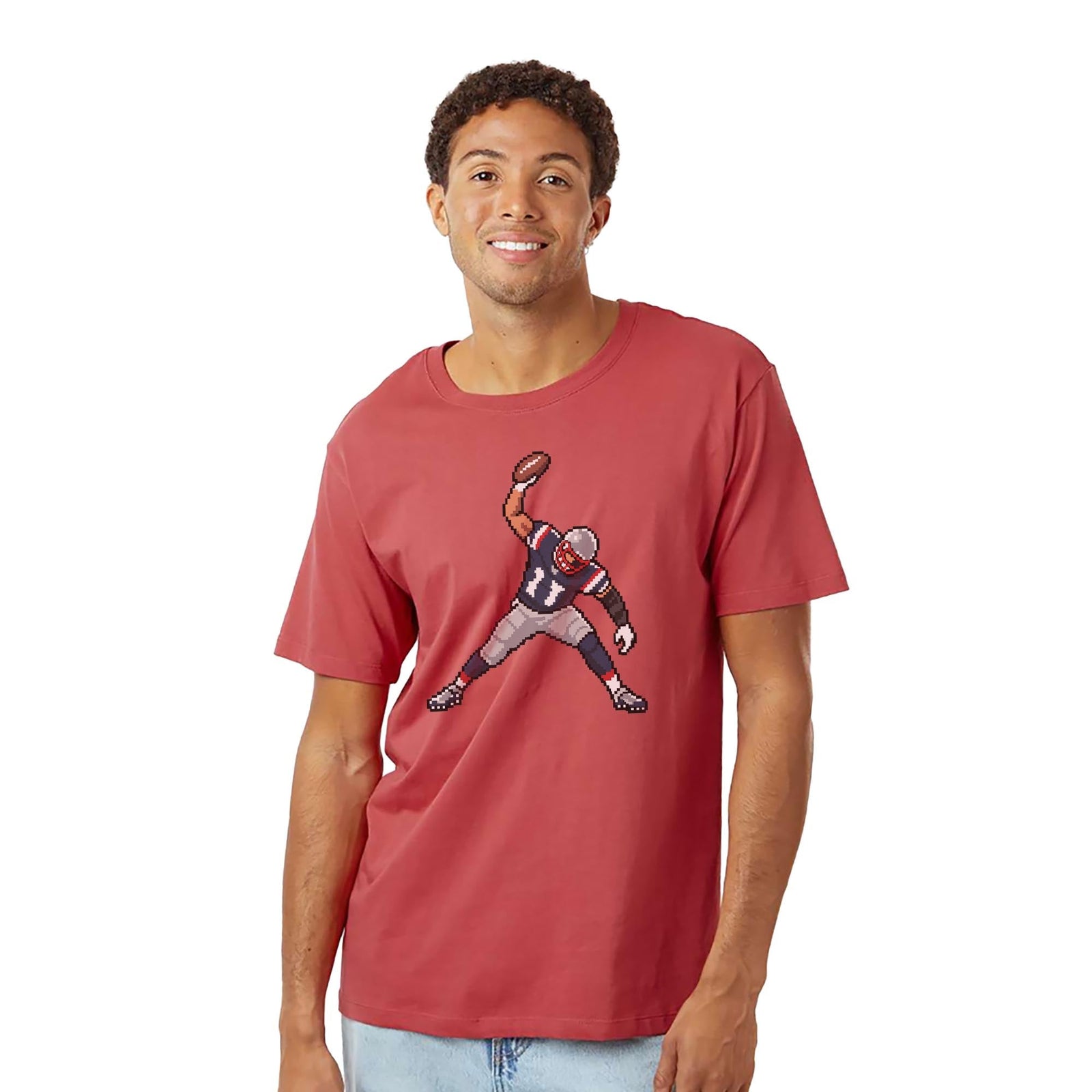 New England 16-bit Football Cool Organic T-shirt in Brick On Model - Front View