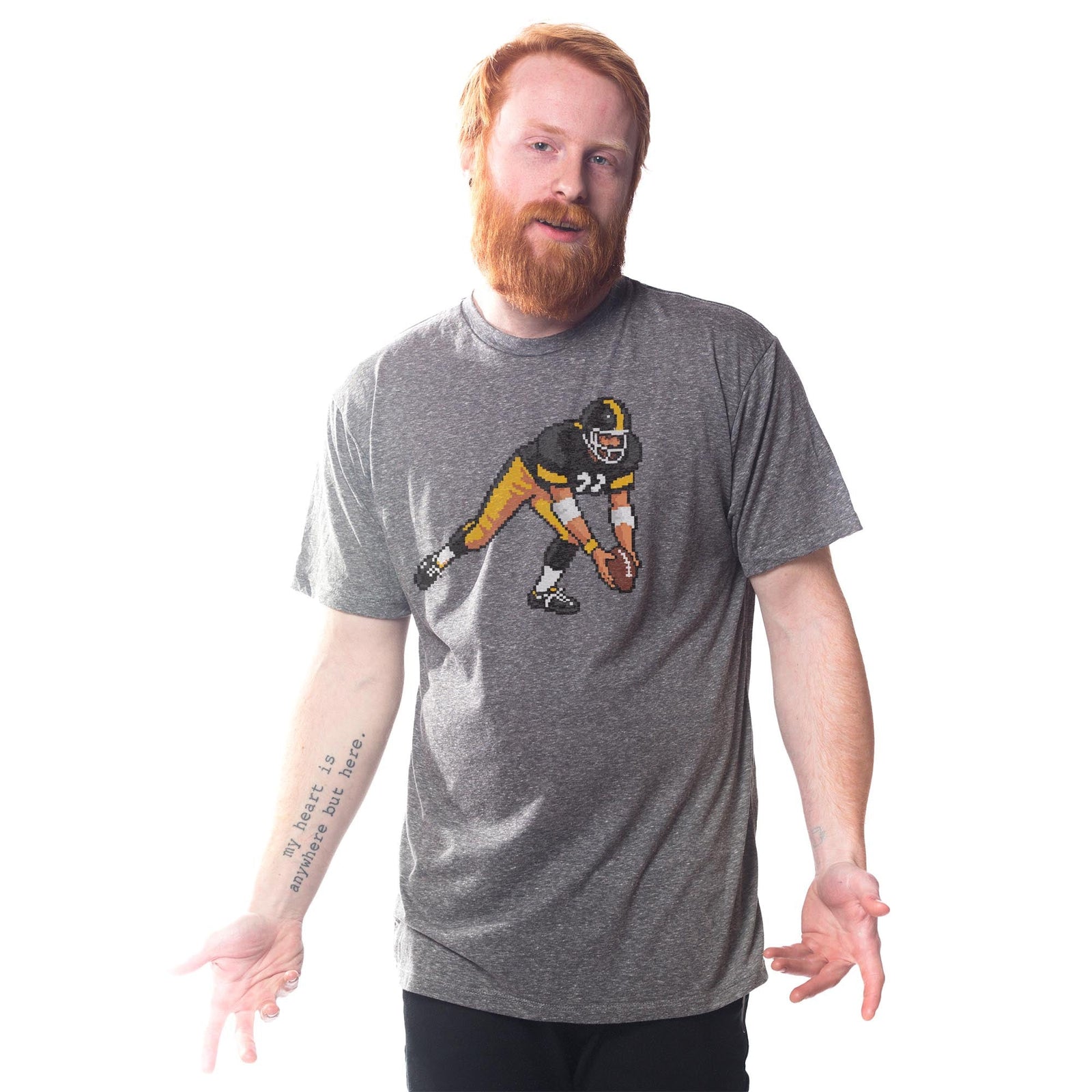 Pittsburgh 16-bit Football Cool Signature T-shirt in Triblend Grey On Model - Front View