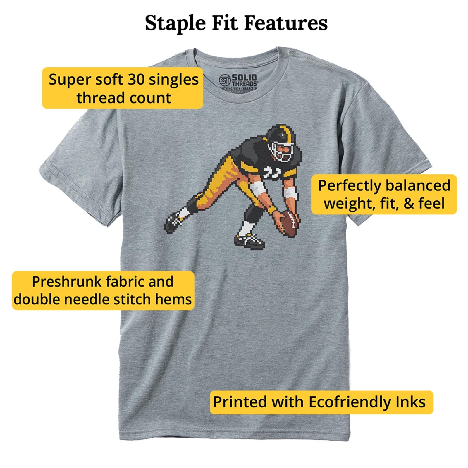 Pittsburgh 16-bit Football Cool Staple T-shirt in Ash Heather - Fit Attributes