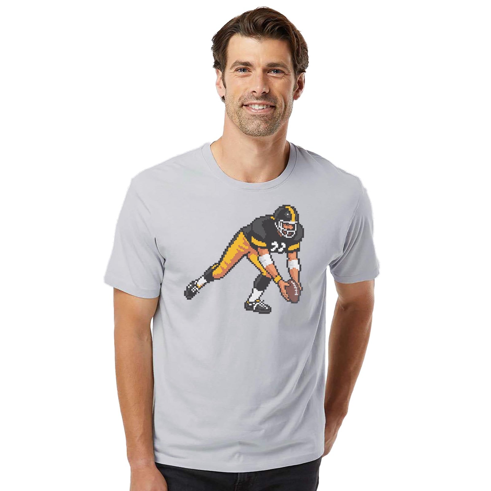 Pittsburgh 16-bit Football Cool Organic T-shirt in Silver On Model - Front View