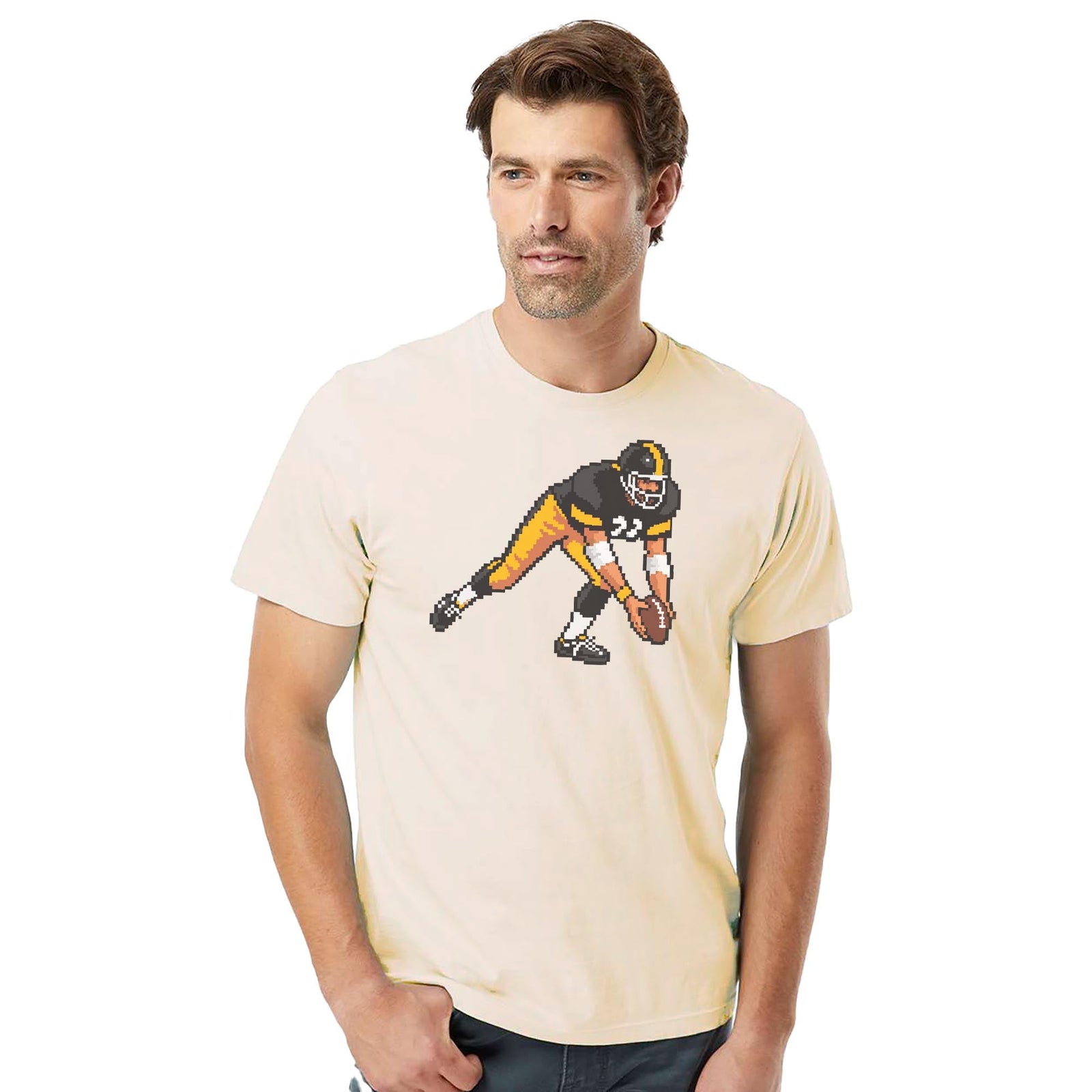 Pittsburgh 16-bit Football Cool Organic T-shirt in Ivory On Model - Front View