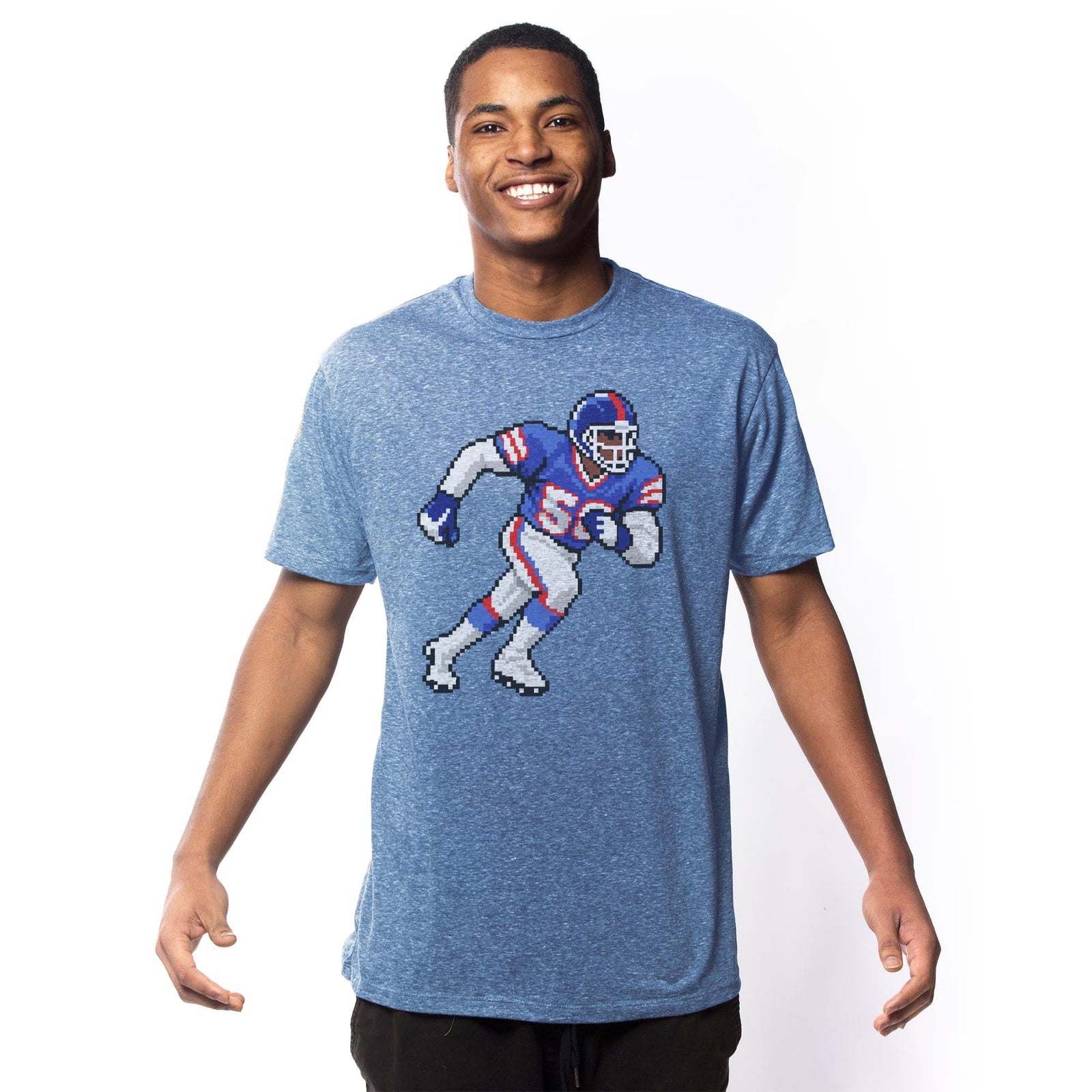 New York 16-bit Football Cool Signature T-shirt in Triblend Royal On Model - Front View