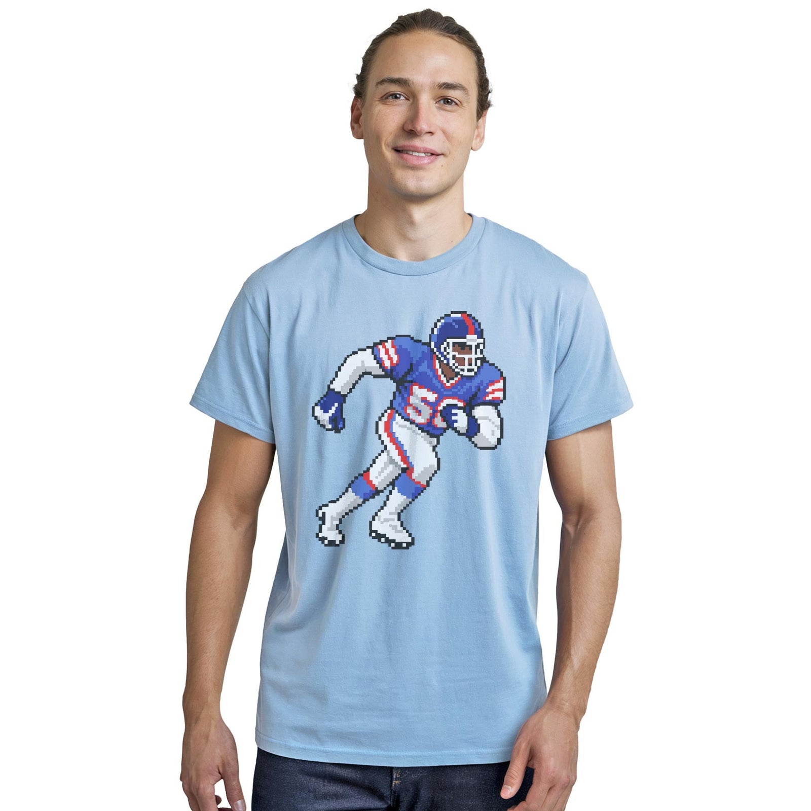New York 16-bit Football Cool Staple T-shirt in Light Blue Heather On Model - Front View