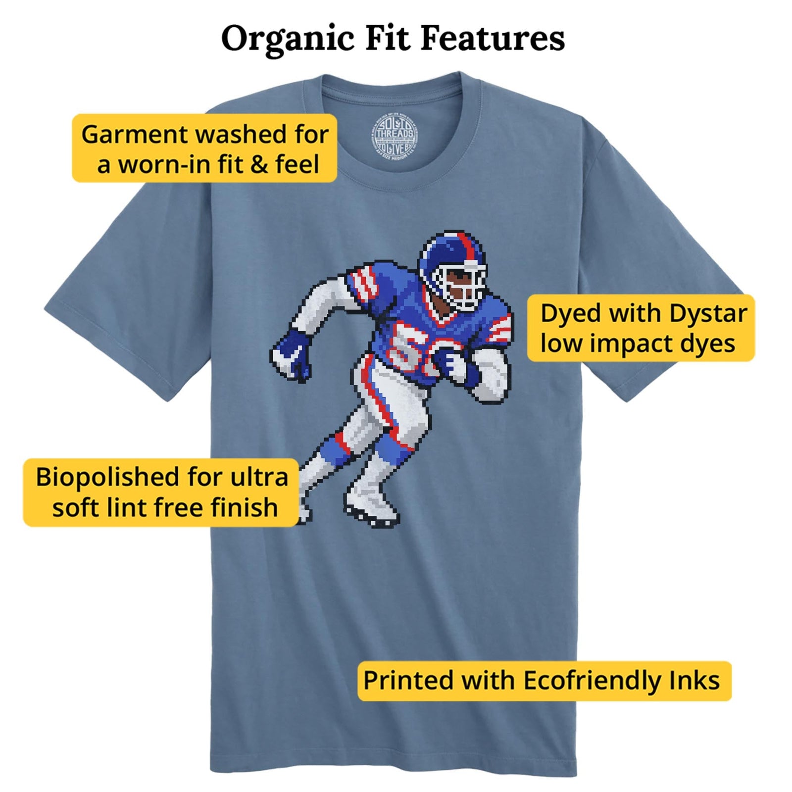New York 16-bit Football Cool Organic T-shirt in Slate - Fit Attributes