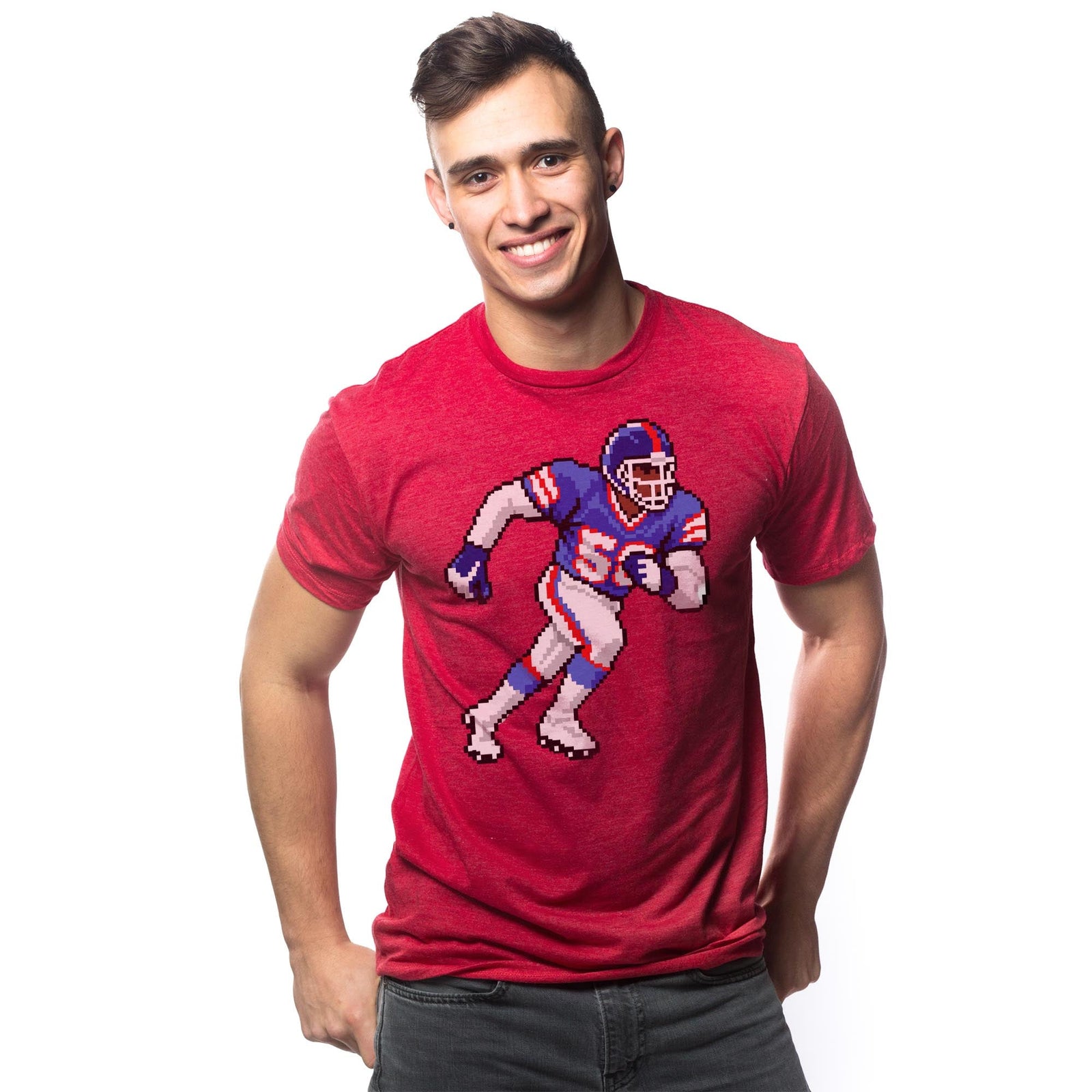 New York 16-bit Football Cool Signature T-shirt in Red On Model - Front View
