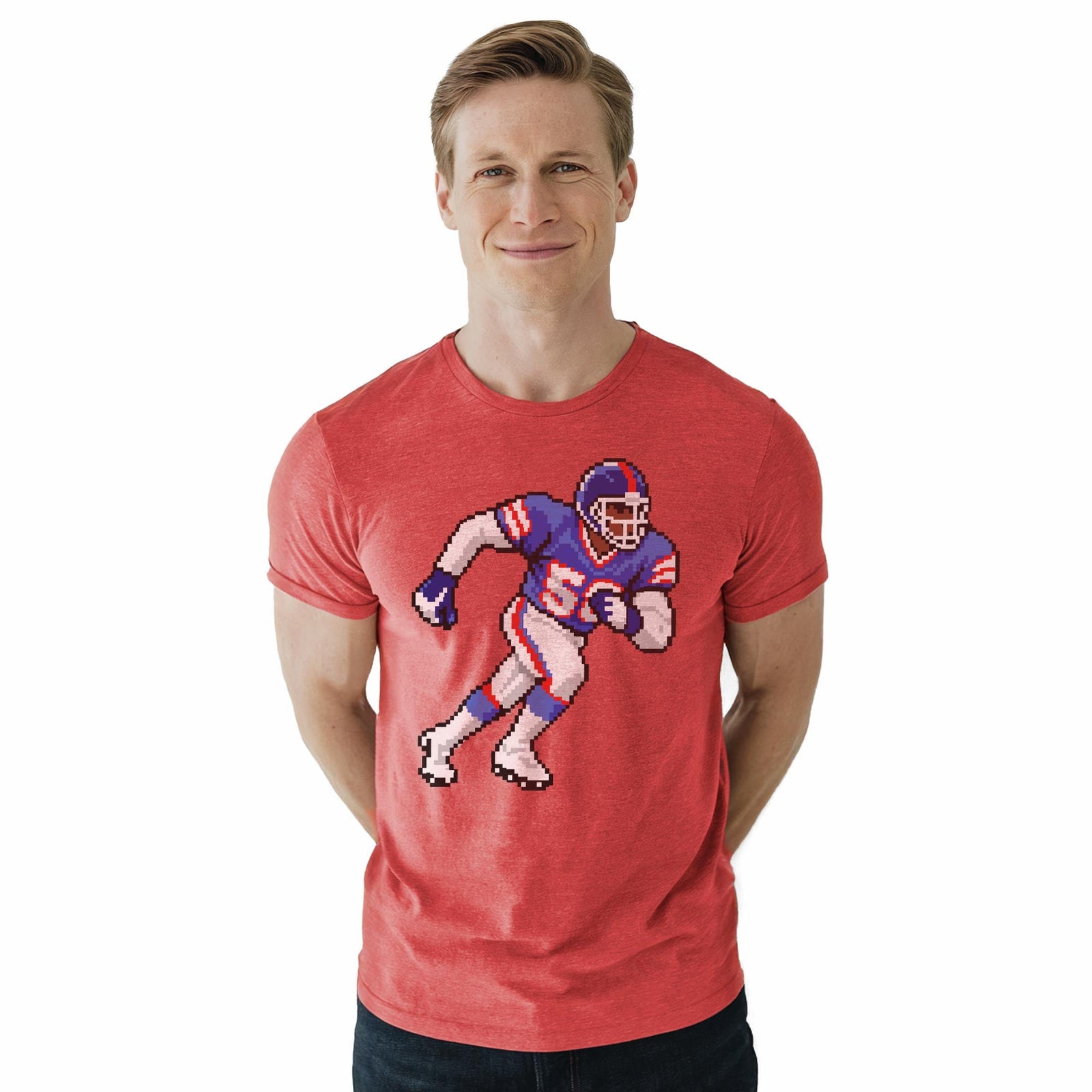 New York 16-bit Football Cool Staple T-shirt in Red Heather On Model - Front View